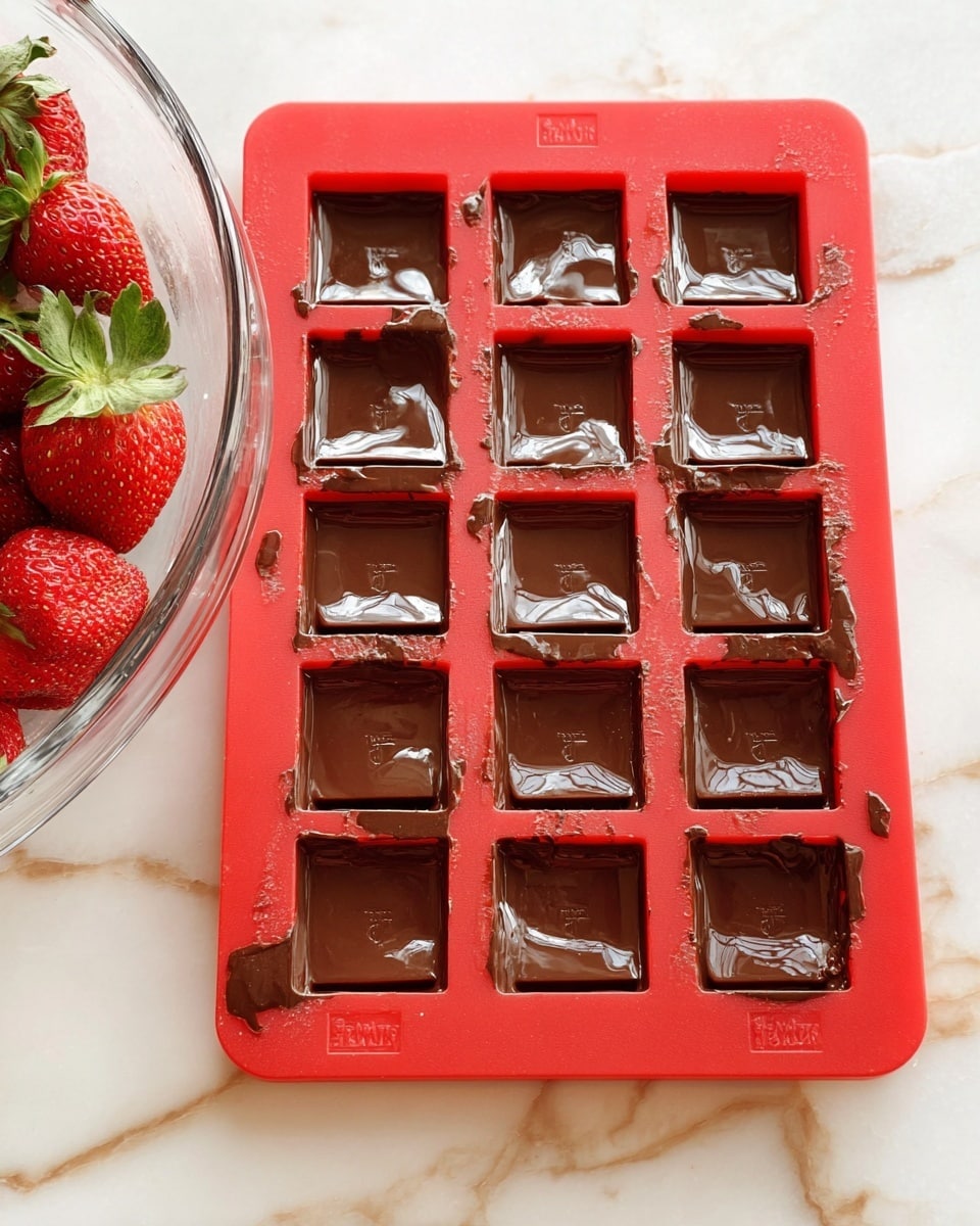 A red silicone mold with 15 square cavities is filled with smooth, shiny dark brown melted chocolate, slightly uneven in some cavities with small traces of chocolate on the mold edges. The mold is placed on a white marbled surface, and on the left side, there is a clear glass bowl partially visible containing fresh red strawberries with green leaves. The lighting highlights the glossy texture of the chocolate and the freshness of the strawberries. photo taken with an iphone --ar 4:5 --v 7