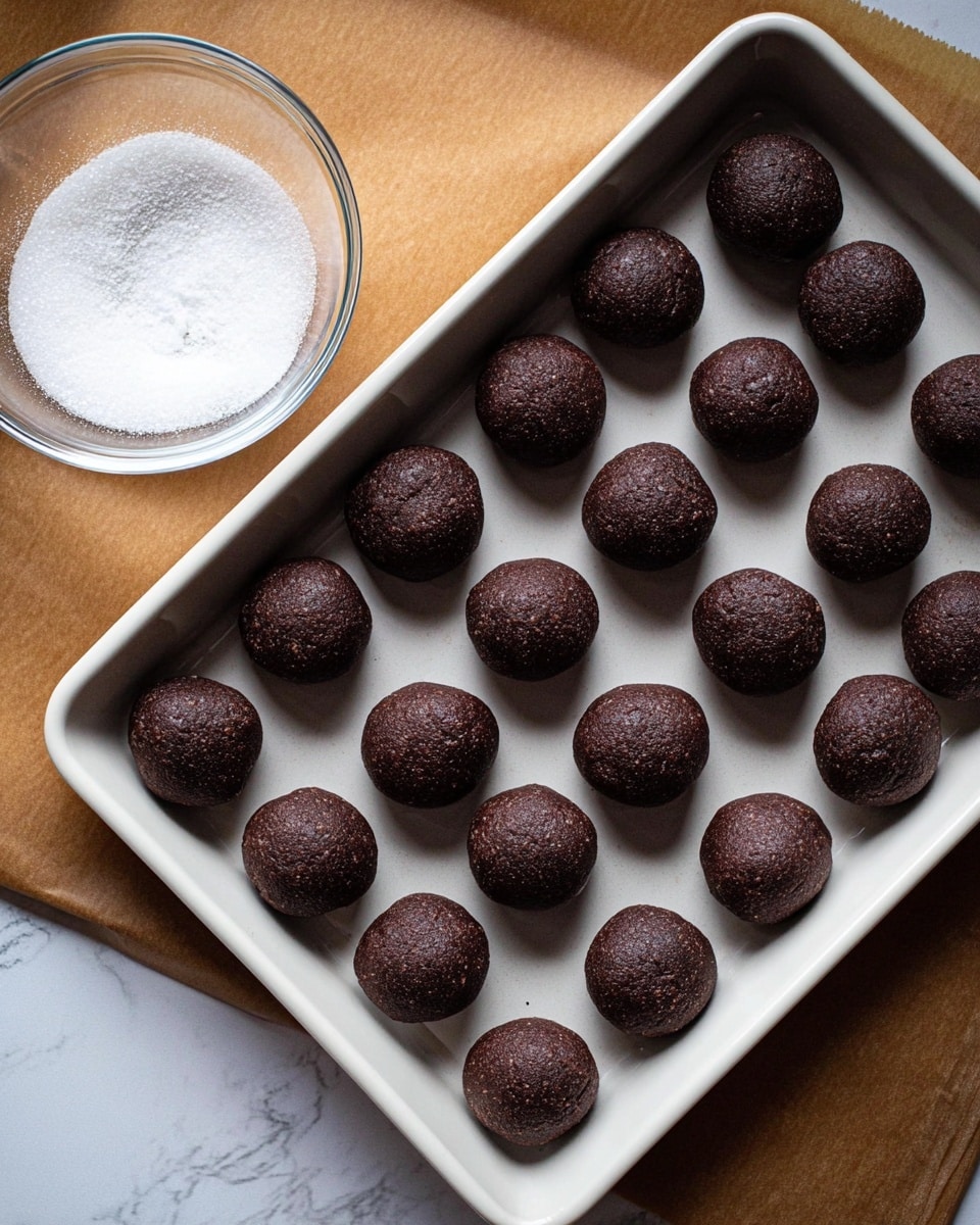 A white tray filled with 16 small round dark brown dough balls, each with a slightly cracked surface texture, arranged neatly in rows. The tray is placed on a wooden table next to a glass bowl full of white sugar and a baking sheet lined with parchment paper. The lighting highlights the rough texture of the dark dough balls and smooth white surface of the tray, all set on a white marbled texture surface photo taken with an iphone --ar 4:5 --v 7