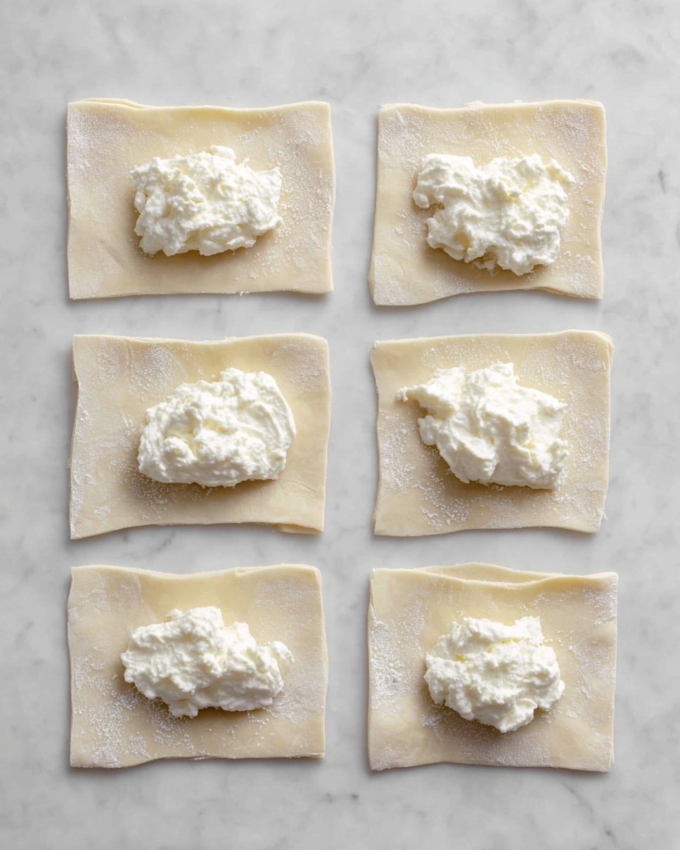 The image shows six square dough pieces laid out evenly on a white marbled surface. Each dough square has a small dollop of white creamy cheese placed roughly in the center. The dough squares are thin, slightly translucent with a pale beige color, and have a smooth texture. The cheese on top looks soft and fluffy, creating a thick, uneven mound with a creamy texture. The arrangement is neat with three dough pieces in the top row and three in the bottom row. photo taken with an iphone --ar 4:5 --v 7