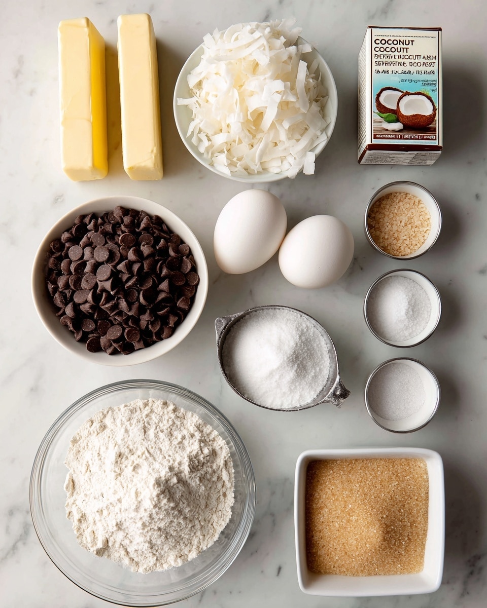 The image shows a top view of cooking ingredients arranged neatly on a white marbled surface. There are two sticks of light yellow butter placed side by side on the top left. Next to the butter on the top right is a small rectangular box of coconut extract with pictures of coconuts on it. Below the butter are two white eggs placed close together. Moving down, a white bowl holds two halves of shredded coconut and a large pile of dark brown chocolate chips side by side. To the right of this bowl are three small metal and white containers filled with white baking powder and baking soda, white salt, and white granulated sugar. Below the chocolate and coconut bowl is a transparent glass bowl filled with white all-purpose flour, marked with a scoop inside it. Lastly, in the bottom right corner is a white container filled with light brown sugar. The scene is simple and well-organized, with a clean and bright look. Photo taken with an iphone --ar 4:5 --v 7