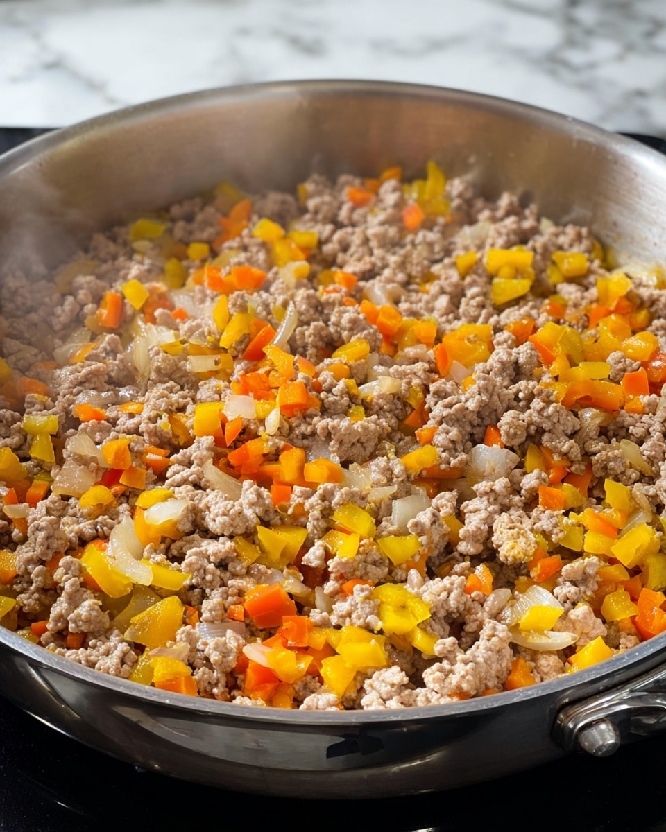 A close-up view of a large silver pan filled with cooked ground meat mixed evenly with diced vegetables. The vegetables include bright yellow and orange bell peppers and translucent cooked onion pieces, all distributed throughout the light brown crumbly meat. The pan is on a stove with slight steam rising from the food, and the scene is set on a white marbled surface. photo taken with an iphone --ar 4:5 --v 7