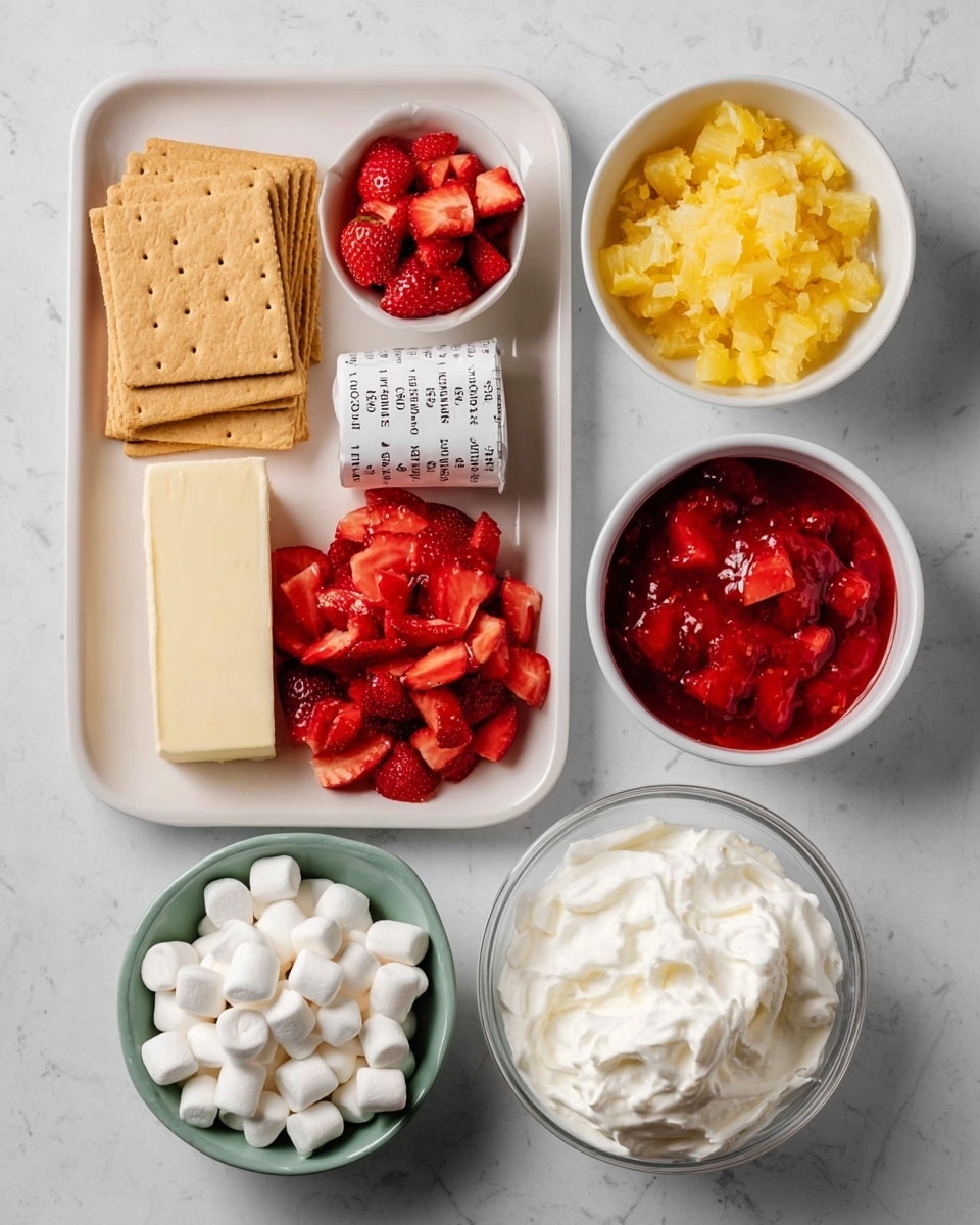The image shows six containers on a white marbled surface, each holding different ingredients. On the left is a white rectangular plate with several stack of rectangular light tan graham crackers, a stick of butter wrapped in white paper printed with measurements, and a pile of red chopped strawberries. Above the plate, a small white bowl is filled with crushed yellow pineapple. To the right of it is a small white bowl filled with red strawberry sauce holding whole strawberries. Next to it is a white bowl filled with many small white marshmallows. On the bottom right is a small white bowl with a thick, smooth layer of white whipped cream. Photo taken with an iphone --ar 4:5 --v 7