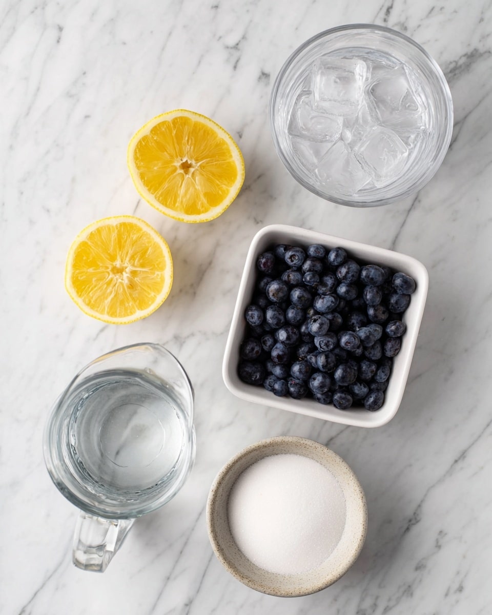 The image shows five ingredients placed on a white marbled surface: two yellow lemon halves with visible seeds and a juicy texture on the top left, a clear glass bowl filled with ice cubes to the right of the lemons, a square white bowl filled with dark blue blueberries in the center, a small clear glass pitcher containing water on the bottom left, and a round ceramic bowl filled with fine white sugar on the bottom right. All items are neatly arranged with natural light highlighting their fresh textures photo taken with an iphone --ar 4:5 --v 7