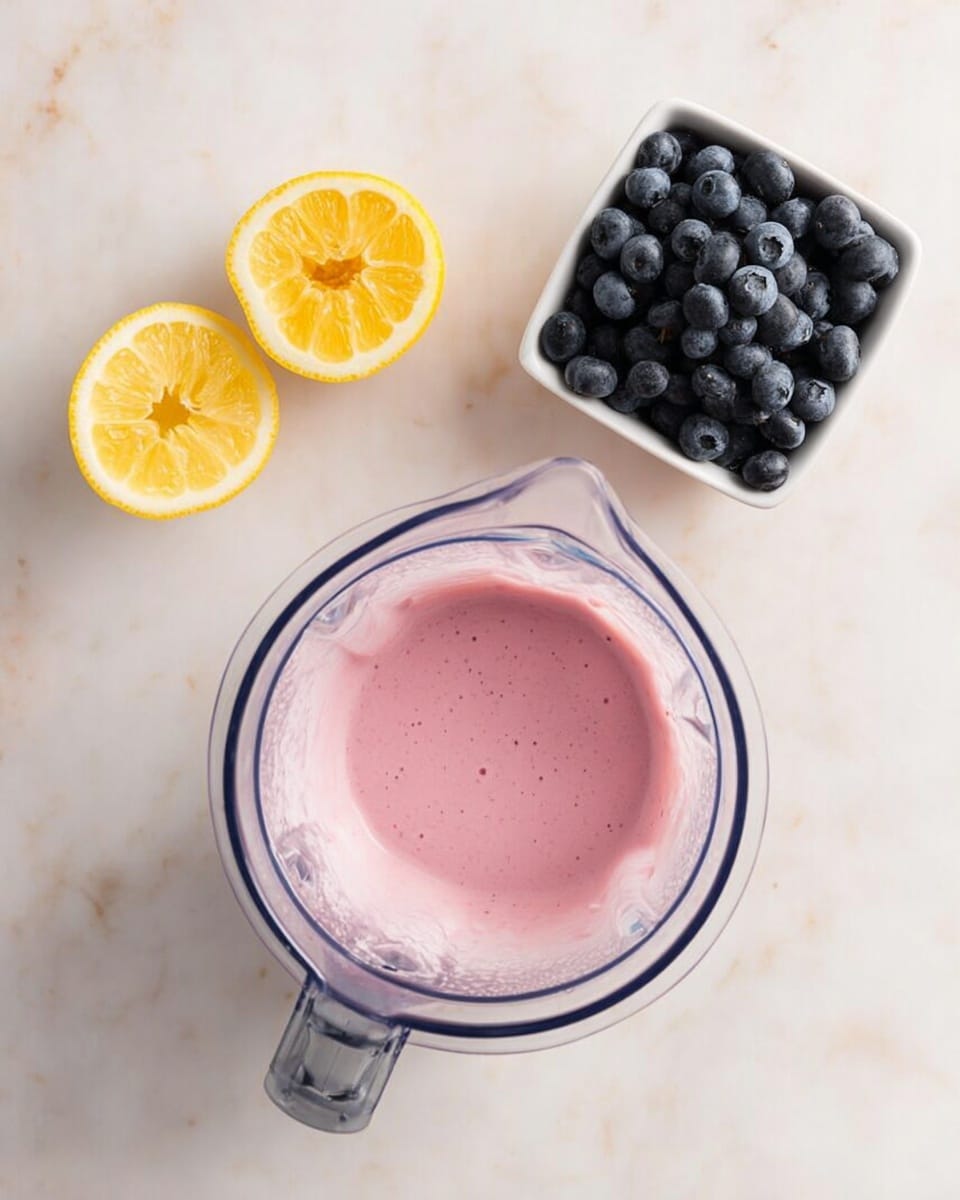 A clear blender container filled with a smooth, light pink creamy mixture sits on a white marbled surface. To the top right of the blender, there is a small white square bowl filled with fresh, plump blueberries that are deep blue and slightly shiny. To the top left of the blender, there are two halves of a bright yellow lemon, showing their juicy, segmented flesh. The scene is well-lit, highlighting the soft textures and fresh colors of the ingredients. photo taken with an iphone --ar 4:5 --v 7