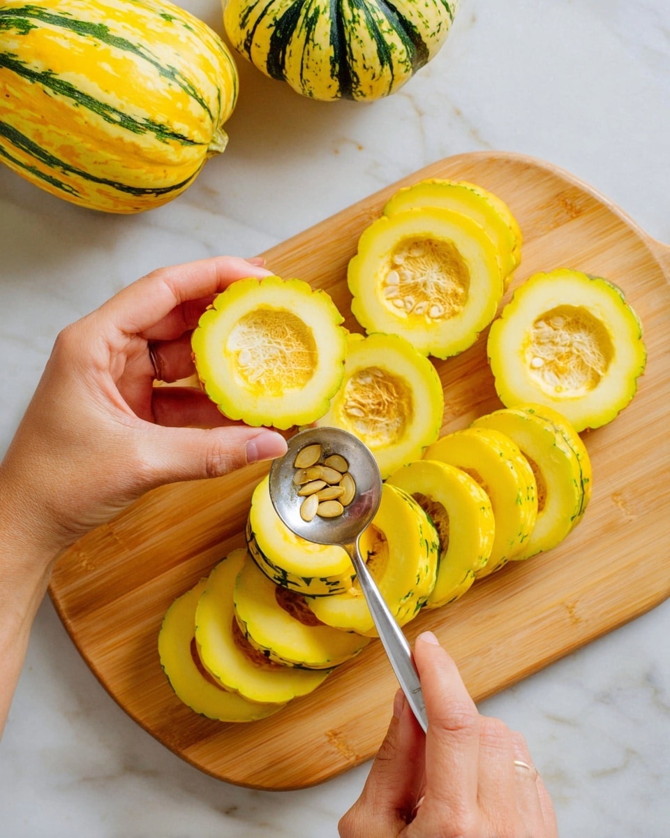 A woman's hand holds a yellow squash slice with green stripes on a light brown wooden board, while another woman's hand uses a shiny silver spoon to scoop out the seeds from the hollow center. Around the squash slice being scooped, there are several more yellow squash slices, each showing a similar hollow center with seeds, arranged in a loose stack, and two whole yellow and green striped squashes near the top left of the board. The scene is set on a white marbled surface. photo taken with an iphone --ar 4:5 --v 7