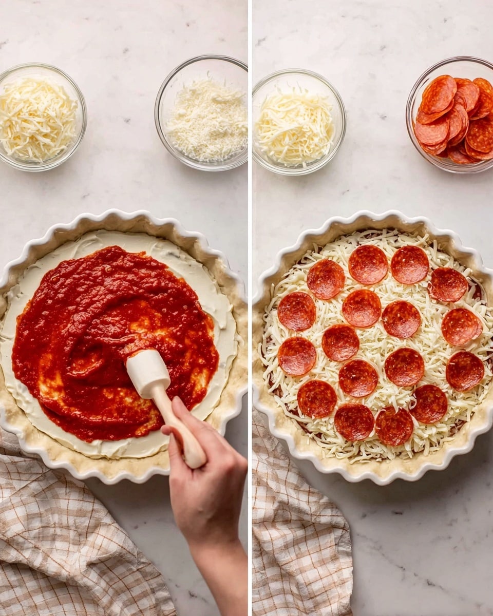 The image shows two side-by-side photos of a white scalloped pie dish on a white marbled surface, with a white and tan checkered cloth nearby. In the left photo, a woman's hand is spreading red tomato sauce over one layer of white creamy sauce inside the dish. Around the dish, there are small glass bowls of shredded white cheese, pepperoni slices, and grated parmesan. In the right photo, the dish contains three distinct layers: the bottom is the white creamy sauce, topped with scattered white shredded cheese, a thin layer of red tomato sauce visible underneath the cheese, and the top layer has evenly spaced round red pepperoni slices. Photo taken with an iphone --ar 4:5 --v 7