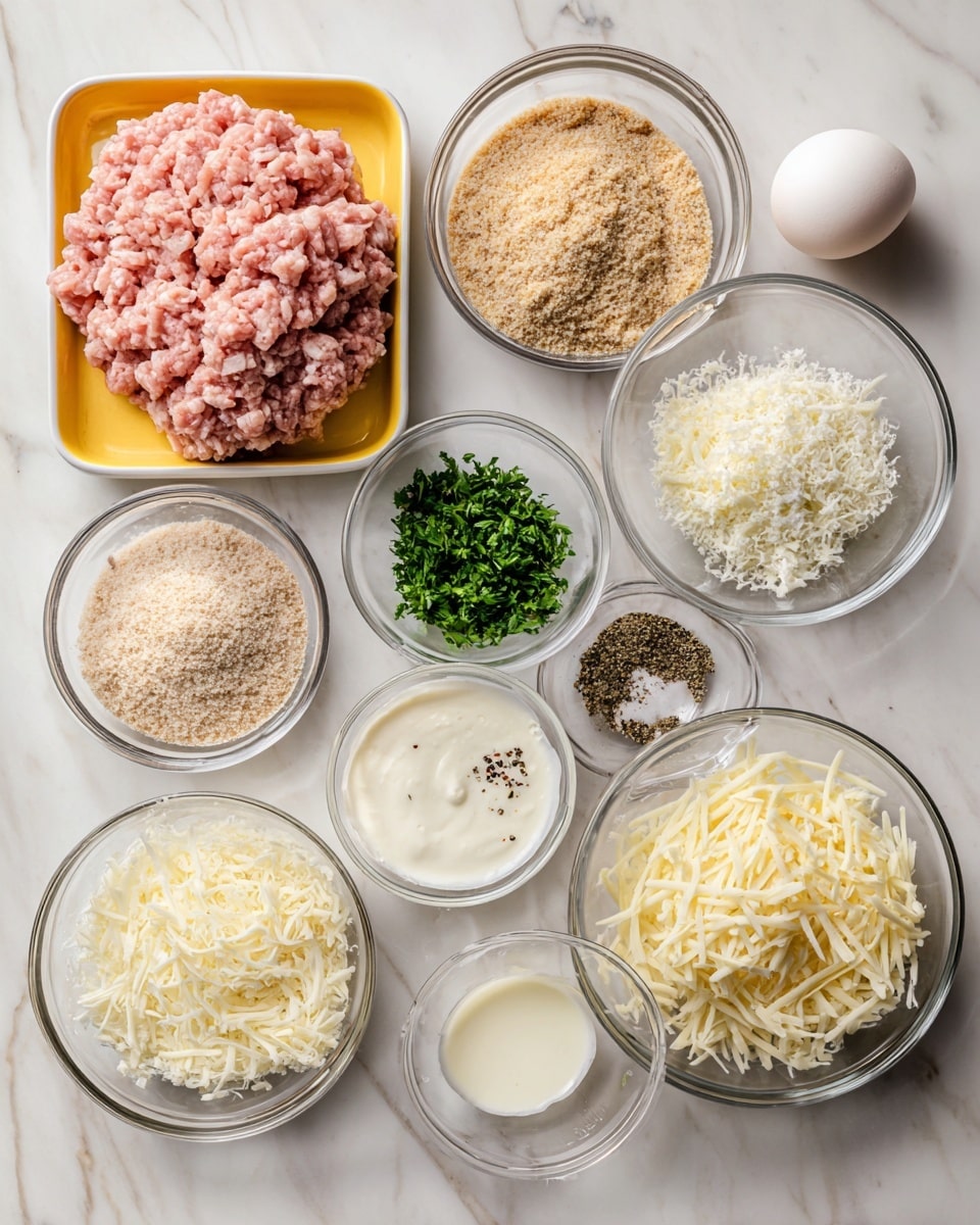 A set of ingredients is arranged neatly on a white marbled surface, including a yellow tray full of raw pink ground chicken placed on the left. Around it are clear glass bowls containing light brown Italian bread crumbs, white grated Parmesan cheese, finely chopped white onion, creamy white milk, minced pale yellow garlic, finely chopped dark green parsley, and a mix of white salt and black pepper. To the top right, there is a small glass bowl holding a single white egg, and another glass bowl with shredded pale yellow Parmesan cheese. Each ingredient is labeled with black text on white tags. Photo taken with an iphone --ar 4:5 --v 7
