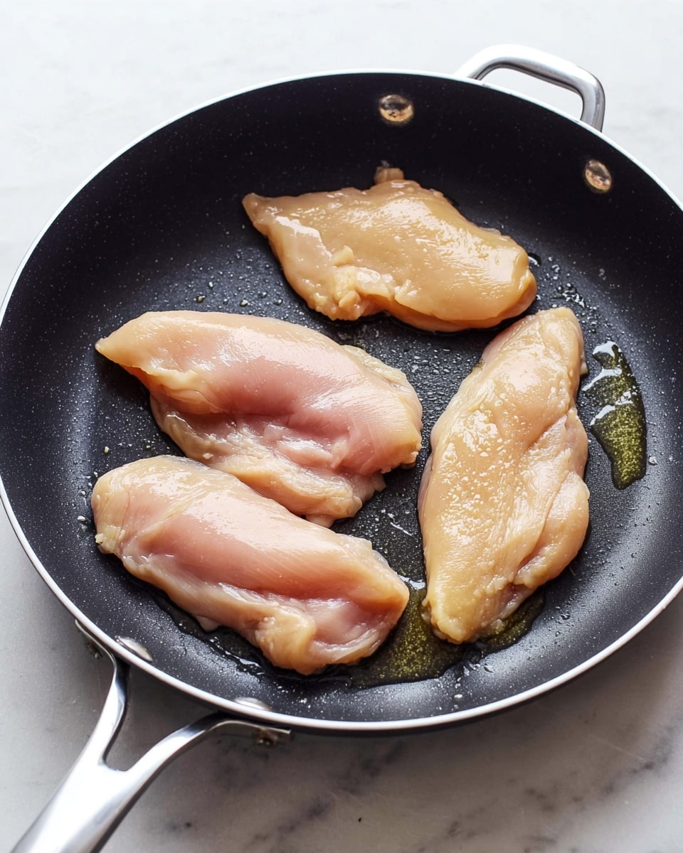A close-up image shows four raw chicken fillets cooking in a black non-stick frying pan with silver handles on both sides. The fillets are light pink with a slightly shiny, oily surface, and are spread out across the pan with some small oil glistening around them. The scene is set on a white marbled surface. photo taken with an iphone --ar 4:5 --v 7