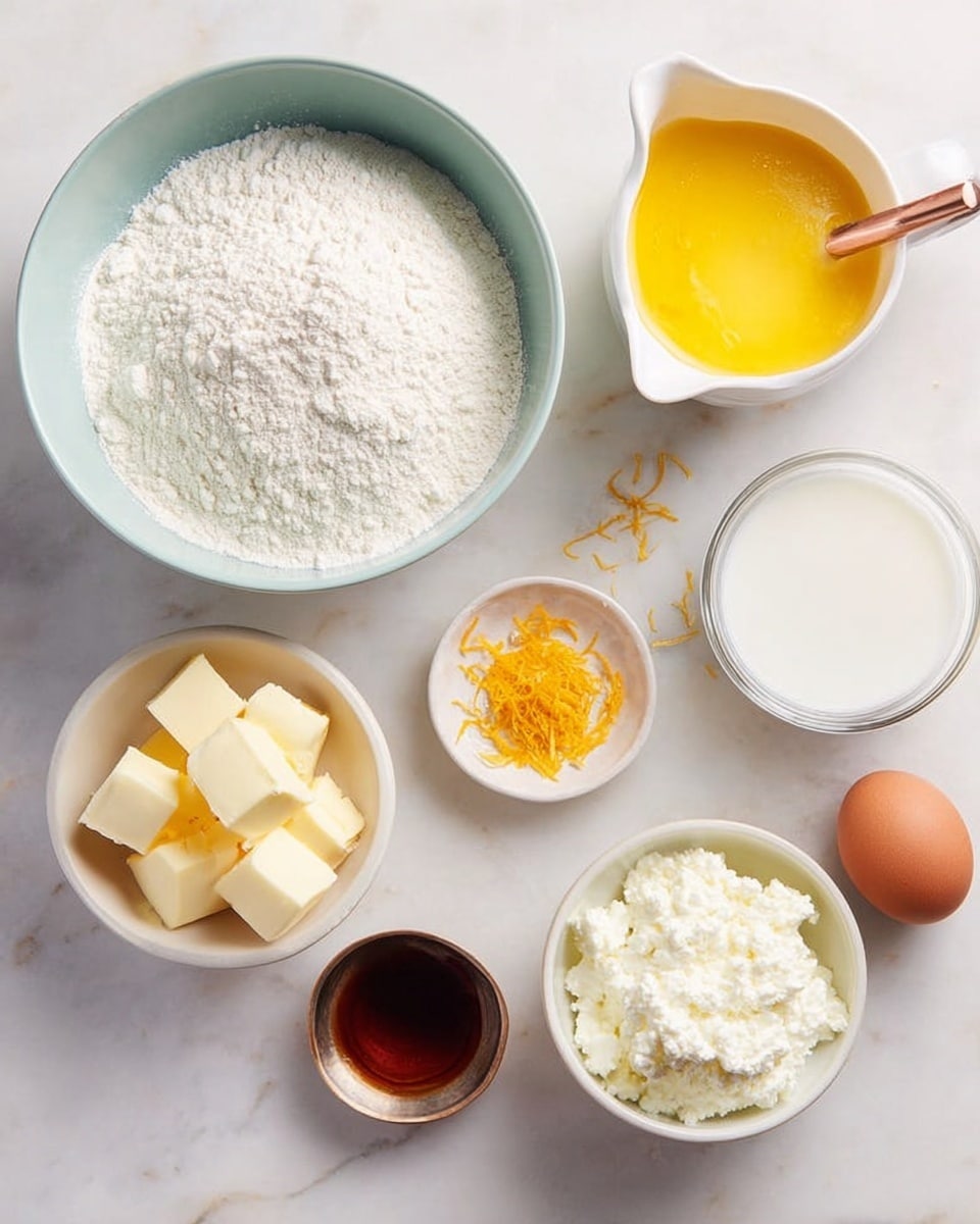 The image shows a flat view of several white bowls and small containers placed on a white marbled surface in a loose arrangement. A large white bowl on the left contains a mix of dry ingredients like flour and sugar, both light off-white in color with powdery textures. To the right, a white small jug holds bright yellow melted butter with a shiny, smooth surface. Next to it, a clear glass cup is filled with milk, showing a creamy white liquid. A white small bowl with a thick, fluffy white substance, likely ricotta or cottage cheese, is placed nearby. Below, a small white cup holds several pale yellow cubes of butter with smooth edges. To the side is a small white dish with orange zest, showing tiny bright orange strands. A single brown egg rests on the marble surface, and a copper spoon with a dark brown liquid is set next to the dishes, adding a metallic shine. photo taken with an iphone --ar 4:5 --v 7