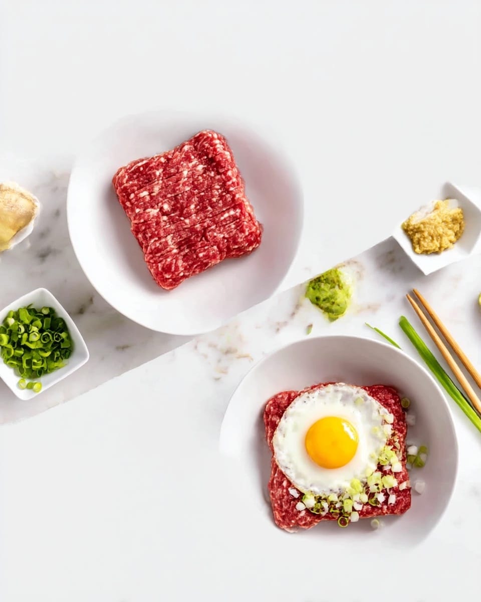 The image shows a step-by-step preparation of a dish on a white marbled surface. On the left side, there is a white bowl filled with raw ground meat shaped into a square. Around the bowl, small white dishes hold chopped green onions, a piece of fresh ginger, and a yellowish paste. On the right side, the same white bowl now contains the raw ground meat base with a raw egg yolk in the middle, finely chopped white onions sprinkled around it, and more green onions on the side. There is also a pair of wooden chopsticks resting near the bowls. The colors contrast simply with red meat, yellow yolk, white onions, and green onions on a clean white marbled background photo taken with an iphone --ar 4:5 --v 7