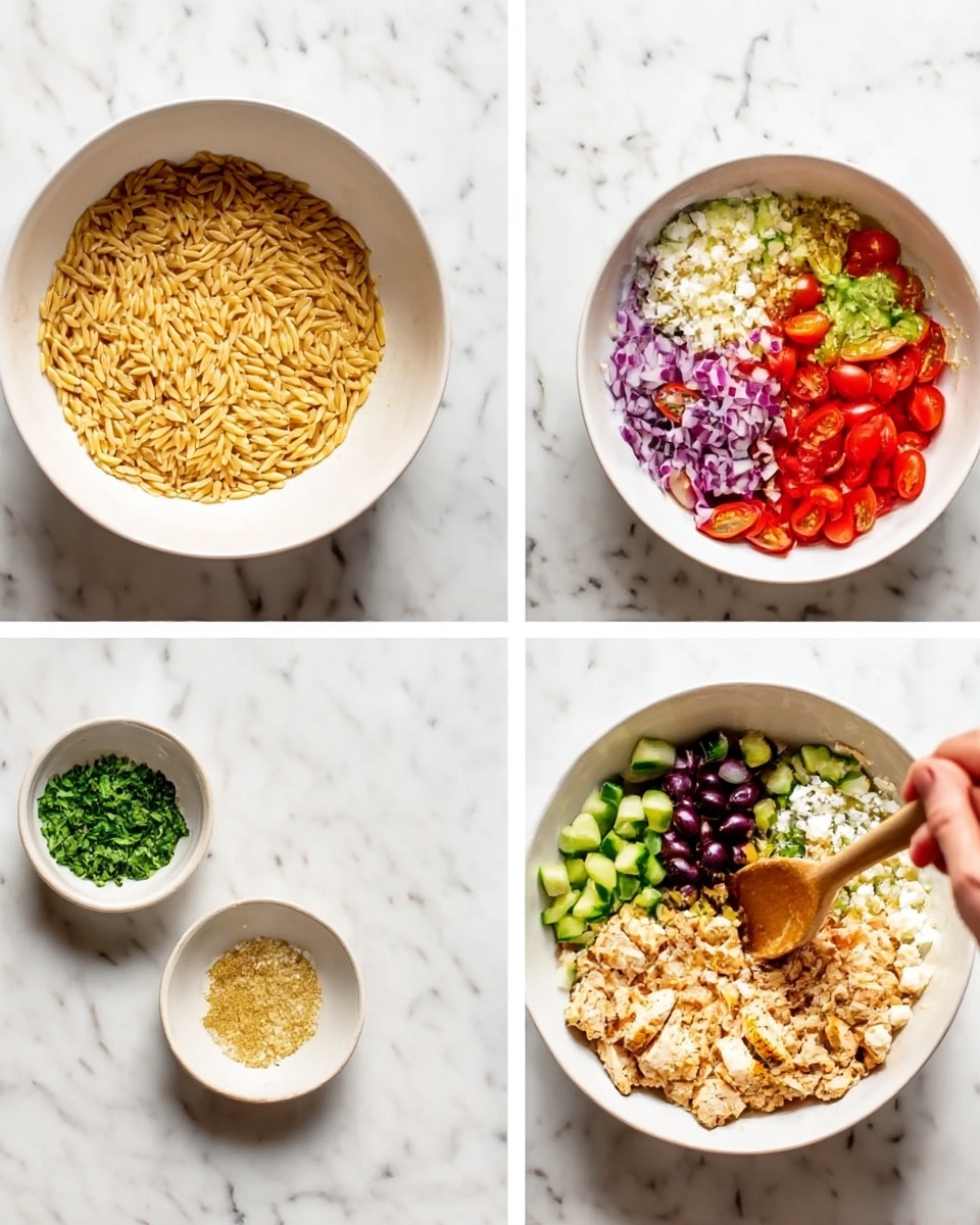 The first image shows a white bowl filled with cooked orzo pasta, golden-brown in color and evenly spread inside the bowl, placed on a white marbled surface. The second image has the same white bowl with layers of fresh chopped ingredients arranged in neat sections on top of the orzo: bright red halved cherry tomatoes, finely chopped purple onions, dark green olives, fresh green cucumber slices, small white chunks of cheese, and some green herbs, with a small white bowl of green herbs nearby on the white marbled surface. The third image shows the white bowl containing the mixed salad where all ingredients are combined with chopped cooked chicken pieces on top, with a woman's hand holding a wooden spoon inside the bowl, mixing the salad, all on the white marbled surface. photo taken with an iphone --ar 4:5 --v 7