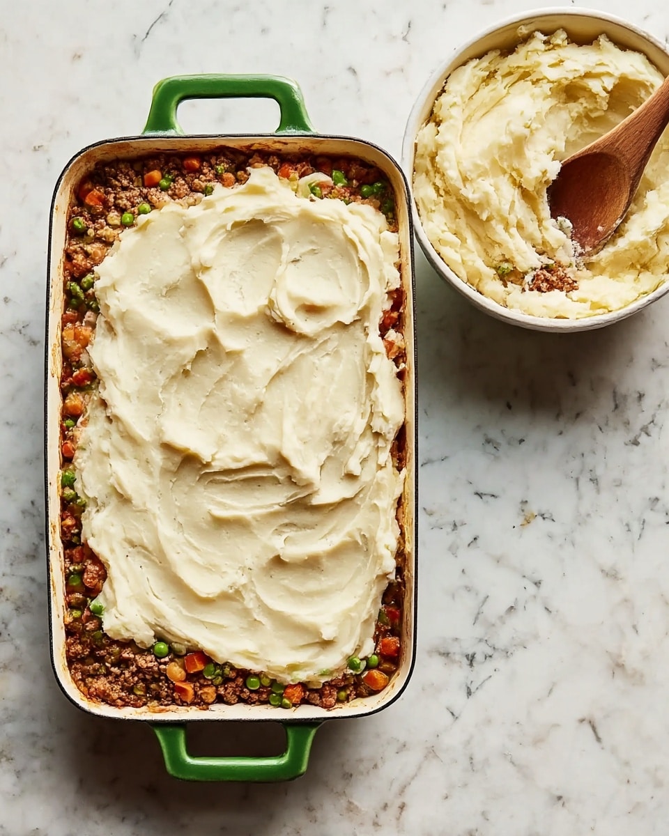 A rectangular white pan with green handles holds a two-layer dish. The bottom layer is a mix of brown cooked ground meat, with small orange carrot cubes and green peas spread evenly. The top layer is pale, creamy mashed potatoes spread thickly and smoothly across the meat, with some soft swirls and peaks visible. Next to the pan is a white bowl with a wooden spoon resting inside, filled with more mashed potatoes. The surface beneath is a white marbled texture. Photo taken with an iphone --ar 4:5 --v 7