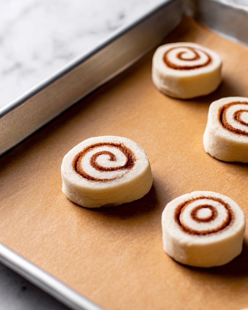 The image shows a close-up of six uncooked cinnamon roll dough pieces on brown parchment paper inside a metal baking tray. Each piece is small, round, and spiral-shaped with a clear cinnamon swirl in the middle of the light-colored dough. The tray sits on a white marbled surface, and the cinnamon rolls are evenly spaced apart. The texture of the dough looks soft and smooth, while the cinnamon filling is darker brown and slightly grainy. photo taken with an iphone --ar 4:5 --v 7