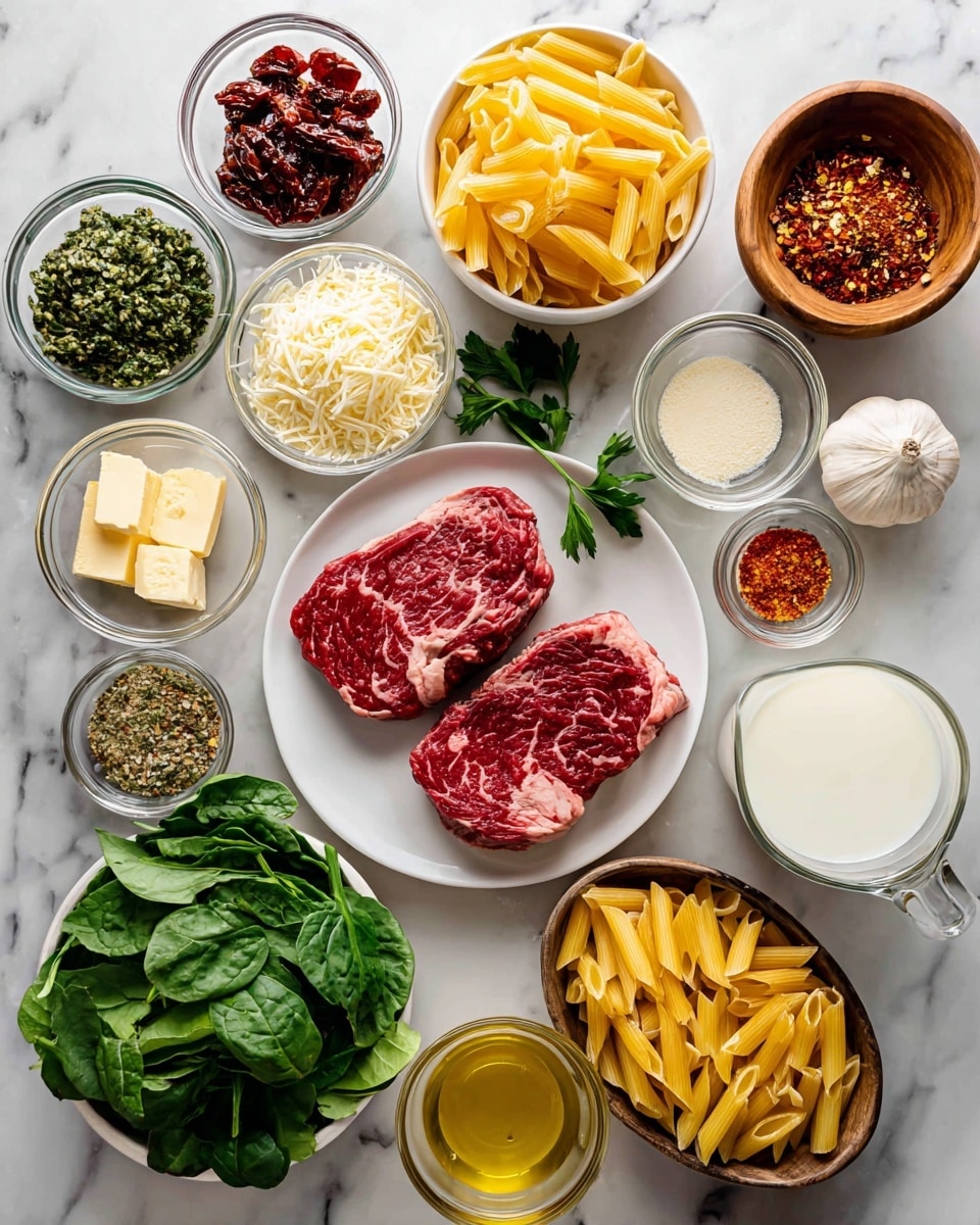The image shows various fresh and raw ingredients placed on a white marbled surface, each in small white bowls or clear glass containers. In the center is a white plate holding two pieces of raw red steak, showcasing a marbled texture. Surrounding it are several small bowls containing green chile (green chunky texture), sun-dried tomatoes (dark red pieces), shredded mozzarella cheese (white soft strands), grated parmesan cheese (light yellow soft shreds), corn starch (white powder), butter (pale yellow solid cubes), and red pepper flakes (small red flakes) in a wooden bowl. There is also a whole garlic bulb, a bowl of uncooked yellowish penne pasta, fresh green parsley bunch, fresh green spinach leaves on a white plate, a clear glass cup with milk, a bowl of chicken broth (light yellow liquid), and a small wooden bowl with olive oil (golden liquid). Each item is clearly labeled with black and white text above or near it. The photo is taken with an iphone --ar 4:5 --v 7