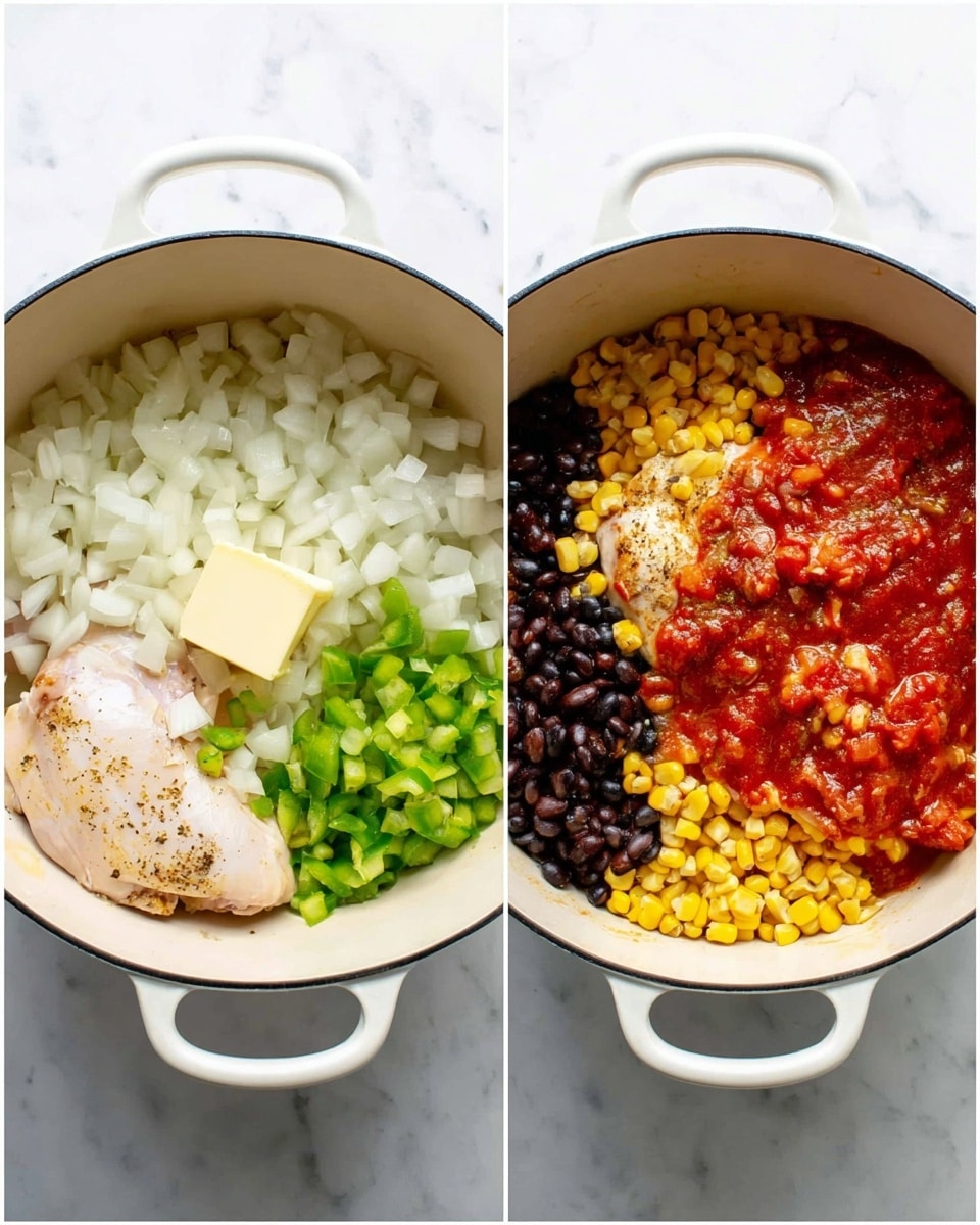 The first image shows a white pot with diced white onions and pieces of green bell pepper scattered evenly around a small square of butter in the center. The second image shows the same white pot filled with four clear sections: black beans, yellow corn, chopped red tomatoes with sauce, and a single raw chicken piece partially submerged in sauce, all layered separately inside the pot. The pot is placed on a white marbled surface. photo taken with an iphone --ar 4:5 --v 7