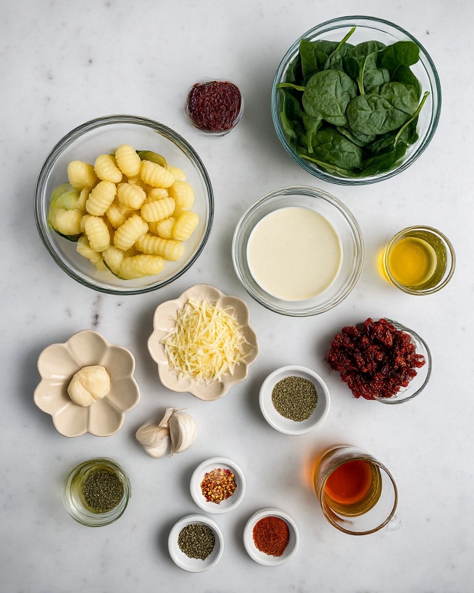 The image shows an arrangement of ingredients placed on a white marbled surface, each in separate clear or white bowls and small dishes. There are four main clear glass bowls containing pale yellow gnocchi, fresh green spinach leaves, dark red sun-dried tomatoes, and a creamy white liquid. Two small white bowls contain light yellow shaved cheese and dried green herbs. There are two light beige flower-shaped small plates holding two garlic cloves and dried mixed spices. Three small round dishes hold coarse salt, crushed red pepper flakes, and black pepper. A small clear glass holds a golden-yellow liquid, likely olive oil, and another clear glass holds a light brown liquid. The composition is neat and organized, with each ingredient distinct and clearly visible. photo taken with an iphone --ar 4:5 --v 7