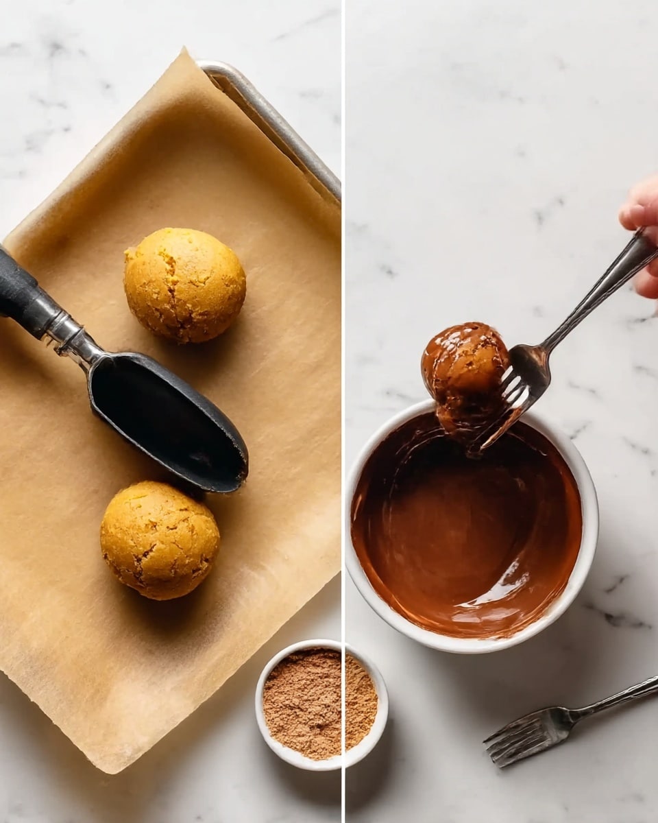 The image shows two steps of making a dessert on a white marbled surface. On the left side, two round dough balls with a light brown color and rough texture sit on beige parchment paper. A black ice cream scoop is lifting some dough above one ball. On the right side, a woman's hand is holding a fork that is dipping one dough ball into a bowl of smooth, shiny dark brown chocolate. Next to the bowl is a small white dish filled with light brown powder. A fork lies flat on the surface nearby. photo taken with an iphone --ar 4:5 --v 7