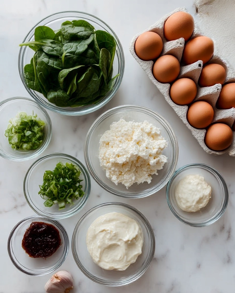 The image shows several clear glass bowls arranged on a white marbled surface. There is a carton of eight brown eggs in the top right area, with some leafy green spinach in a bowl to the left. Below the spinach, another bowl holds white cottage cheese. In the middle are three smaller bowls containing chopped green onions, a dark brown paste or sauce, and a creamy white spread like sour cream or yogurt. A single garlic clove rests near the bottom center. The overall scene is tidy and bright with natural light, showing fresh and simple ingredients. Photo taken with an iphone --ar 4:5 --v 7