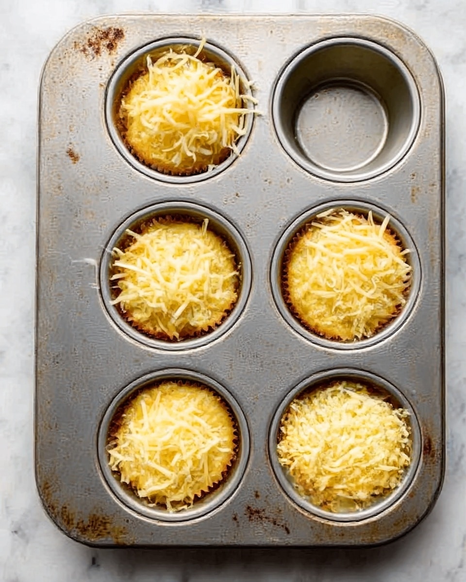 A metal muffin tray with six filled cups and three empty cups is shown from above, resting on a white marbled surface. Each filled cup has a golden base layer with a slightly textured surface, topped with a thin layer of pale yellow batter. The top layer is a mound of light yellow shredded cheese, spread evenly but loosely so some strands stick out. The metal tray has a slightly darkened, used look with small spots and scratches. photo taken with an iphone --ar 4:5 --v 7