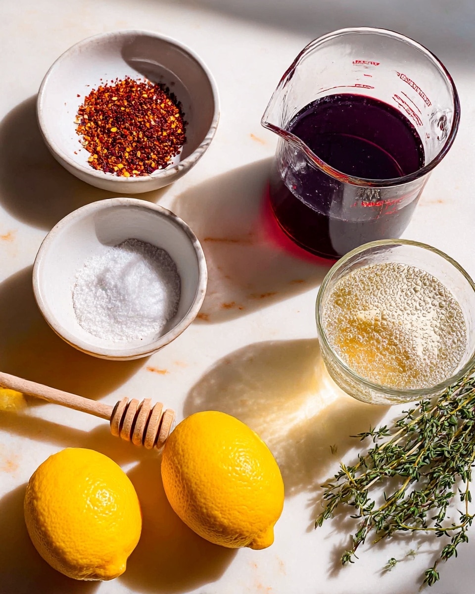 The image shows a mix of ingredients on a white marbled table. There is a small white bowl with reddish-brown crushed pepper flakes at the top center, and below it a white bowl with white salt or powder. To the right, there is a clear glass measuring cup filled with dark purple liquid and a glass with a bubbly clear liquid. On the left side, there is a white bowl filled with honey and a honey dipper resting inside. Between the bowls and cups, two bright yellow lemons and fresh green thyme sprigs add color and texture. The scene is lit with soft natural light, casting clear shadows. photo taken with an iphone --ar 4:5 --v 7