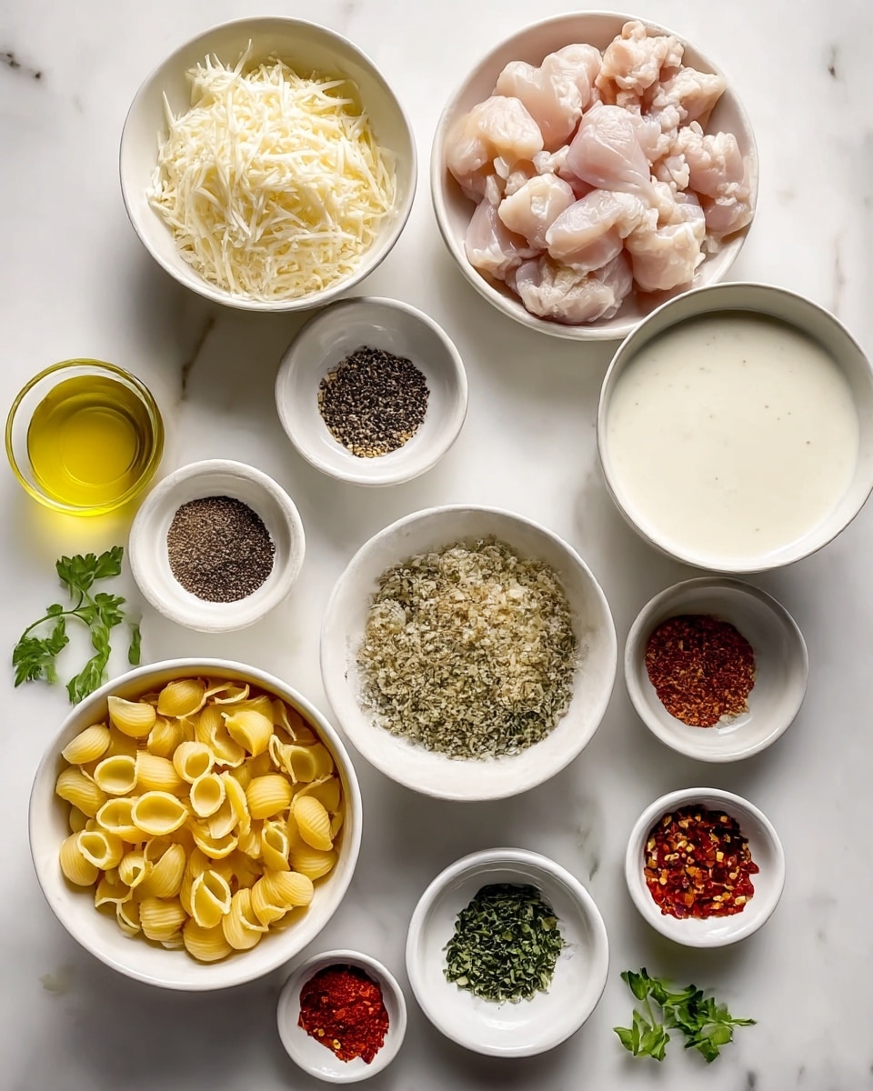 A top view of multiple white bowls and small dishes arranged on a white marbled surface, each containing different cooking ingredients. In the center bottom is a bowl with dry pasta shells, showing a smooth yellow color. To the left is a bowl filled with shredded white cheese, textured and fine. Above it, a bowl holds raw chicken pieces, pale pink with a smooth, slightly shiny surface. Near the top right, a larger bowl contains a white creamy liquid with a smooth texture. Around the center are small bowls with seasonings: black pepper, coarse salt, red chili flakes, and finely chopped herbs and onions, all showing varied textures from grainy to leafy. Olive oil, bright yellow and clear, is in a round bowl near the top left. A few green herb sprigs lay in the middle, adding a fresh touch. The photo taken with an iphone --ar 4:5 --v 7