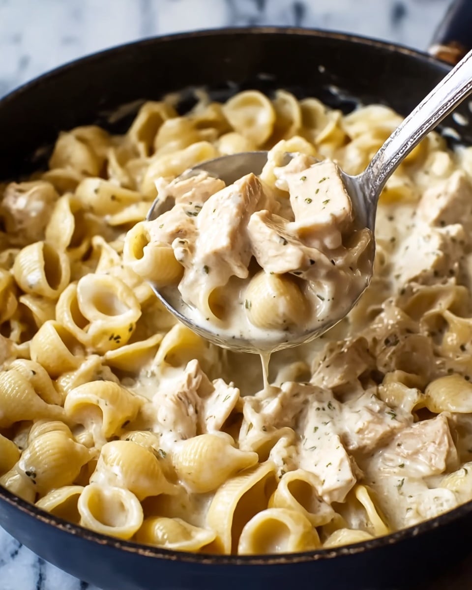 A close-up view of a creamy pasta dish served in a black pan. The dish has two main layers: the first layer is small, shell-shaped pasta pieces with a smooth, pale yellow color, and the second layer has medium-sized chunks of light brown cooked chicken mixed evenly throughout. Both layers are coated in a thick white sauce sprinkled with small green herbs, giving a rich and creamy texture. A silver ladle is lifting a scoop of the pasta and chicken mixture, showing the sauce dripping slightly. The background has a white marbled texture. photo taken with an iphone --ar 4:5 --v 7