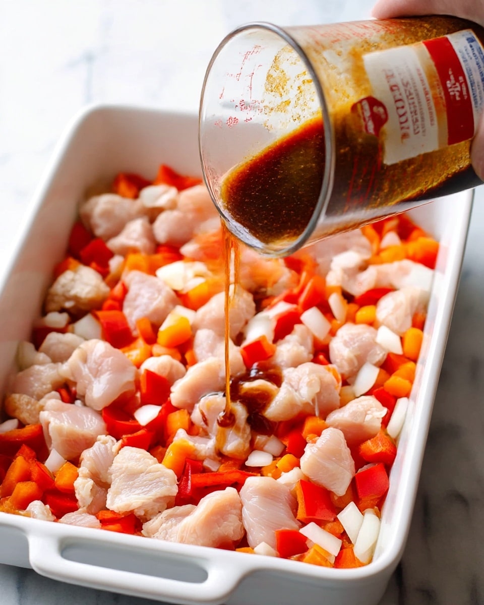 The image shows a white rectangular baking dish filled with chopped raw chicken pieces layered evenly over chopped red and orange bell peppers and diced white onions. A measuring cup is pouring a dark brown sauce over the chicken and vegetables, with the sauce visibly spreading in thin streams across the dish. The dish is set on a white marbled surface, and a woman's hand holds the measuring cup. The colors in the dish are mainly pale pink from the chicken, bright reds and oranges from the peppers, and white from the onions with the dark sauce creating contrast. Photo taken with an iphone --ar 4:5 --v 7
