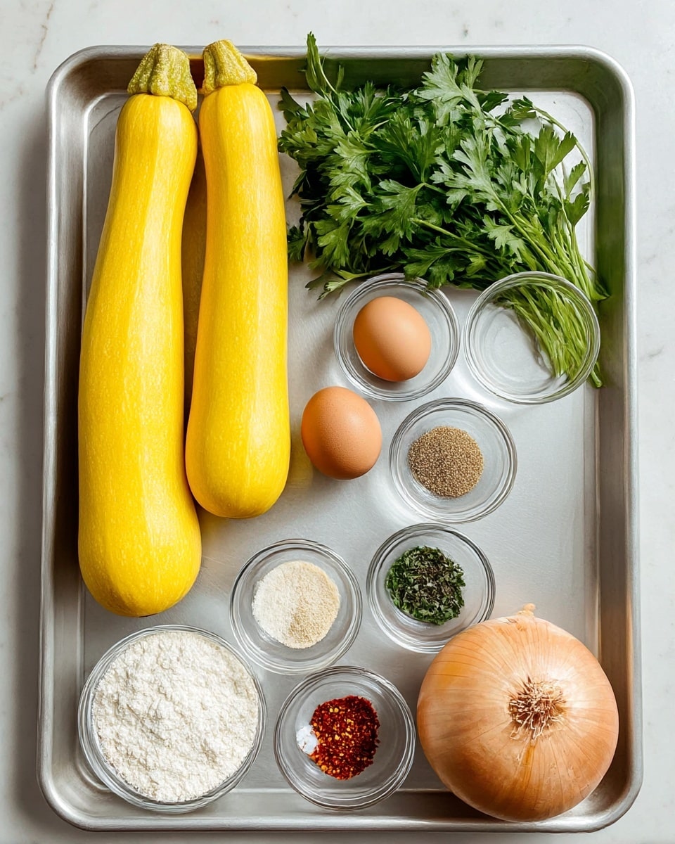 The image shows a metal tray on a white marbled surface holding ingredients arranged neatly. On the left side, there are four yellow squash placed vertically, two large at the top and two smaller below. Next to the squash is a bunch of fresh green parsley with leafy textures. To the right of the parsley, there are six small clear glass bowls containing different ingredients: a brown egg, light beige powder, green herbs, light tan granules, black pepper, and white salt. Below these is a small white bowl with bright red chili flakes. At the bottom right corner of the tray is a large light brown onion with its papery skin intact. Near the onion is a clear glass bowl filled with white flour. photo taken with an iphone --ar 4:5 --v 7
