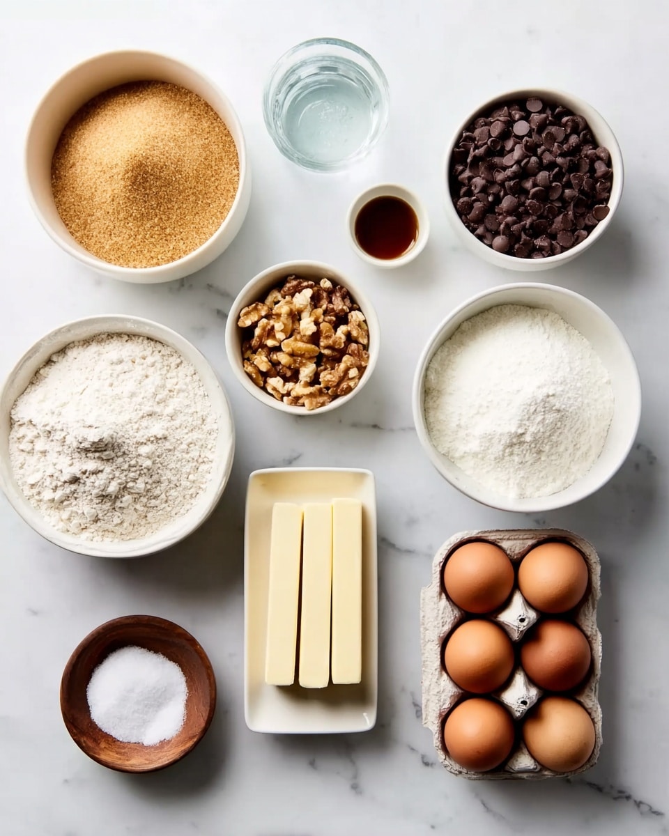 The image shows several white bowls and dishes arranged neatly on a white marbled surface, each holding a different baking ingredient. On the top row, from left to right, there is a large white bowl filled with light brown sugar, followed by a bowl full of dark chocolate chips, and a small bowl with a pile of chopped walnuts. The middle row has a large white bowl of white flour on the left, a small white bowl holding vanilla extract, and a white rectangular dish in the center with two sticks of butter. To the right is a large white bowl full of white granulated sugar. On the bottom row, there is a small wooden bowl with salt, a small white bowl with baking soda, and next to these are two brown eggs sitting in a white carton, with two empty spaces. There is also a glass of water near the top left. photo taken with an iphone --ar 4:5 --v 7