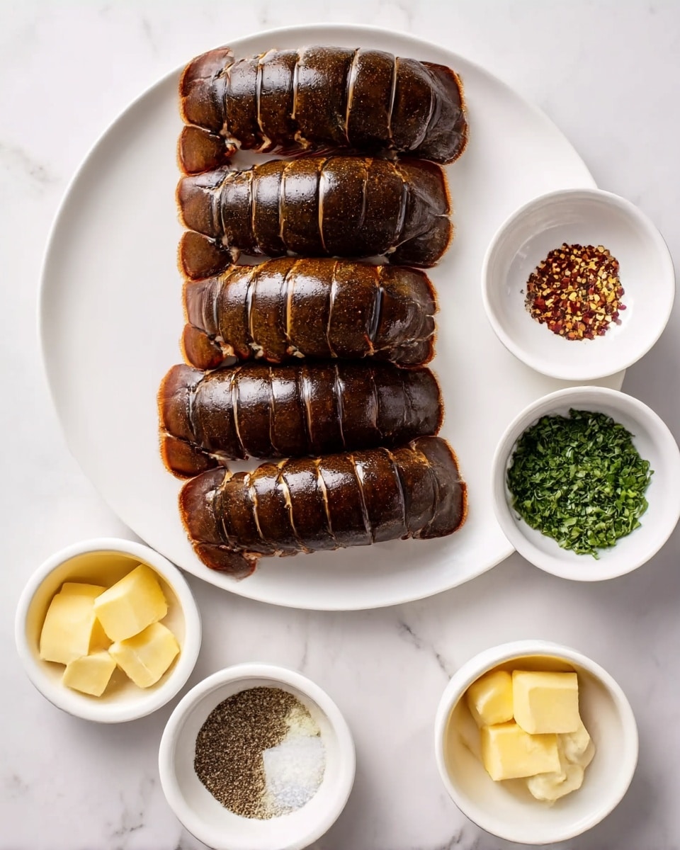 The image shows a white plate with four dark brown spiny lobster tails, stacked in two rows, each tail having a segmented texture and slight gloss. Around the plate are five small white bowls arranged neatly on a white marbled surface: one bowl with finely chopped garlic showing pale yellow pieces, one with a mix of coarse salt, black pepper, and red chili flakes, one empty, one filled with bright yellow butter cubes, and one containing finely chopped green herbs. The overall look is clean and organized, with a contrast between the dark lobster tails and the light ingredients. Photo taken with an iphone --ar 4:5 --v 7