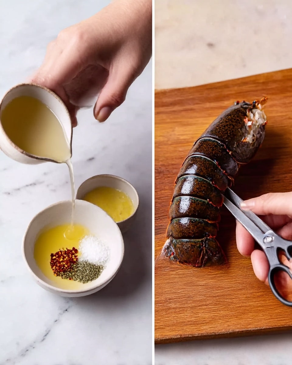 The image shows two close-up views side by side on a white marbled surface. On the left, a woman's hand is pouring a pale liquid from a small white bowl into a larger white bowl that already holds yellow butter, red chili flakes, and white salt. On the right, a woman's hand is holding a dark brown lobster tail on a wooden board, while scissors are used to snip through the lobster shell. Photo taken with an iphone --ar 4:5 --v 7