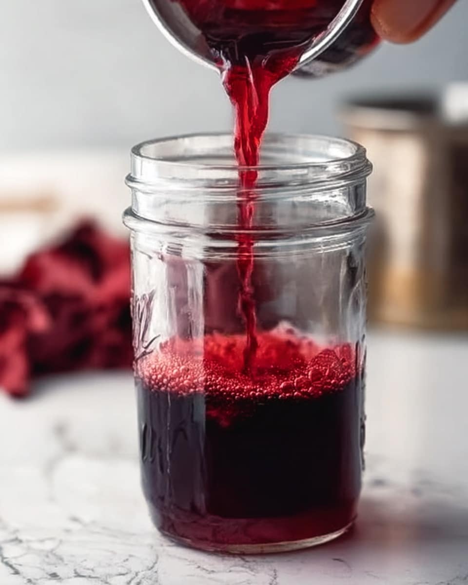 The image shows a clear glass jar being filled with a deep red liquid from above. The liquid has a smooth texture and forms a thin layer about halfway up the jar, with bubbles on the surface. The jar is placed on a white marbled surface with blurred objects in the background. A woman's hand holds the jar steady from the side. The scene is bright and sharp, focusing on the rich color and flow of the liquid. photo taken with an iphone --ar 4:5 --v 7