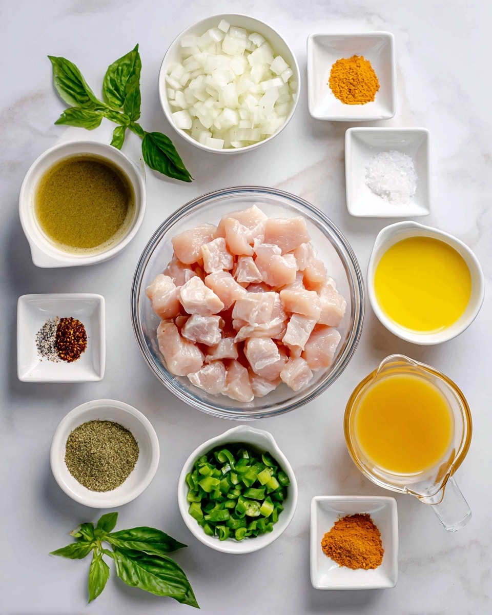 The image shows several small white bowls and clear containers arranged neatly on a white marbled surface. At the center is a clear bowl filled with cubed raw chicken pieces, light pink in color. Surrounding this are white bowls holding chopped white onion, fresh green basil leaves, and chopped green jalapeno. There are small white dishes containing salt, black pepper, chili powder, and minced garlic. Two square white bowls hold bright yellow olive oil and orange curry powder. Lastly, there are two clear measuring cups with coconut milk and light yellow chicken broth. The setup looks clean and organized, ready for cooking. photo taken with an iphone --ar 4:5 --v 7