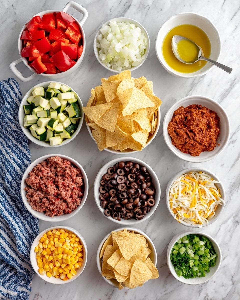 A top-down view of several small white bowls arranged on a white marbled surface, each filled with a different colorful ingredient: bright red diced bell peppers, white diced onions, yellow cooking oil in a small bowl with a handle, fresh yellow corn kernels, ground red beef, green and white chopped zucchini, pale red diced tomatoes in a can, golden tortilla chips, orange taco seasoning powder on the surface, black sliced olives, brown pinto beans, white shredded cheese, orange shredded cheese, and chopped green onions. Two tortilla chips lie beside the olives, and a blue and white striped cloth is partially visible on the bottom left corner. The scene is brightly lit, with clear, natural colors and textures. Photo taken with an iphone --ar 4:5 --v 7