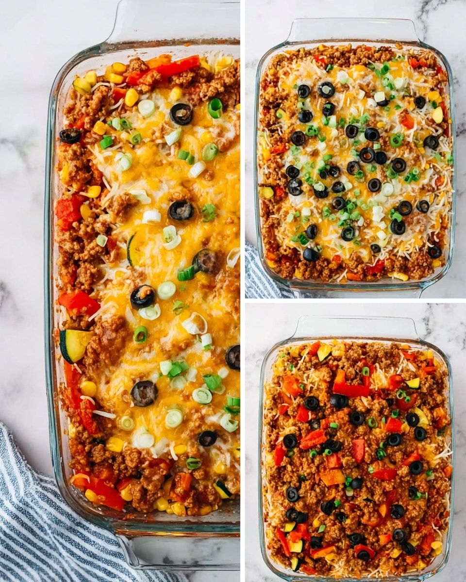 The dish is shown in a clear rectangular glass baking dish with four layers. The bottom layer is shredded white cheese, spread evenly. The second layer has colorful cooked vegetables including zucchini, corn, and red peppers, forming a mix of yellow, green, and red tones. The third layer is a crumbly cooked ground meat mixed with red and orange bell peppers, covering the vegetables fully. The next layer is a melted mix of yellow and white cheeses with some browned spots, covering the meat layer. The final top layer has melted cheese sprinkled with sliced black olives and chopped green onions, creating contrast with the cheese beneath. The dish is placed on a white marbled surface with a folded blue and white striped cloth next to it. photo taken with an iphone --ar 4:5 --v 7