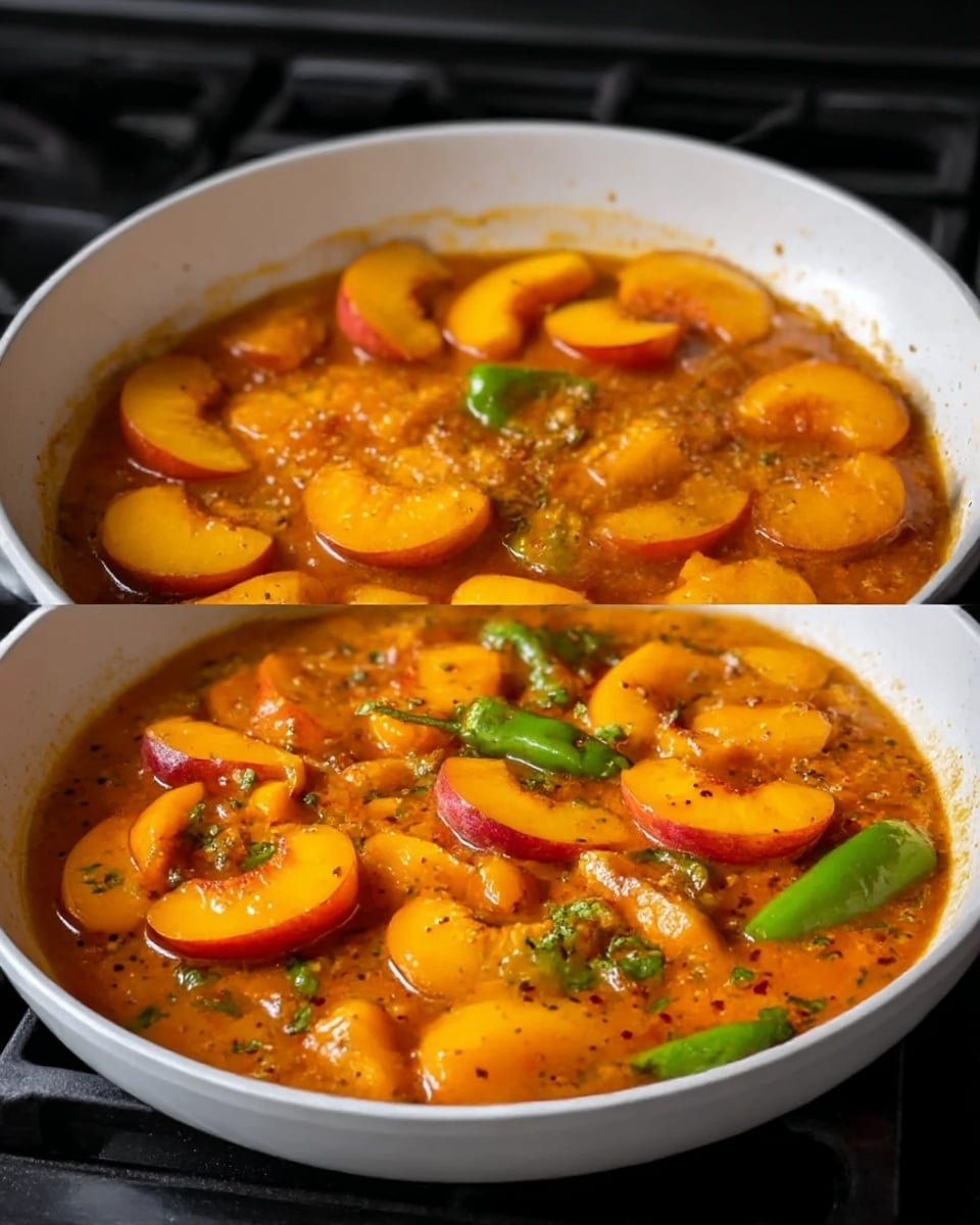 The image shows a white pan on a stove with sliced peaches and green chilies swimming in a thick orange sauce. The fruit slices are arranged evenly in the pan, some floating on top and others slightly submerged, with a glossy texture that makes the mixture look warm and juicy. The sauce has small bits of herbs or spices visible, adding a speckled detail in the mix. The colors blend from yellow, orange to red, with the green chilies standing out sharply against the peached and sauce background, capturing a fresh and cooked look. Photo taken with an iphone --ar 4:5 --v 7