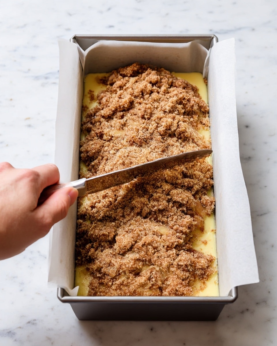 A metal loaf pan lined with white parchment paper holds a layered dessert before baking. The bottom layer is light yellow batter. On top of this, uneven clumps of light brown cinnamon sugar streusel form a textured, crumbly layer with some darker brown cinnamon swirls mixed in. A woman's hand holds a knife cutting vertically through the streusel topping and batter. The pan sits on a white marbled surface, adding a clean and bright background. photo taken with an iphone --ar 4:5 --v 7