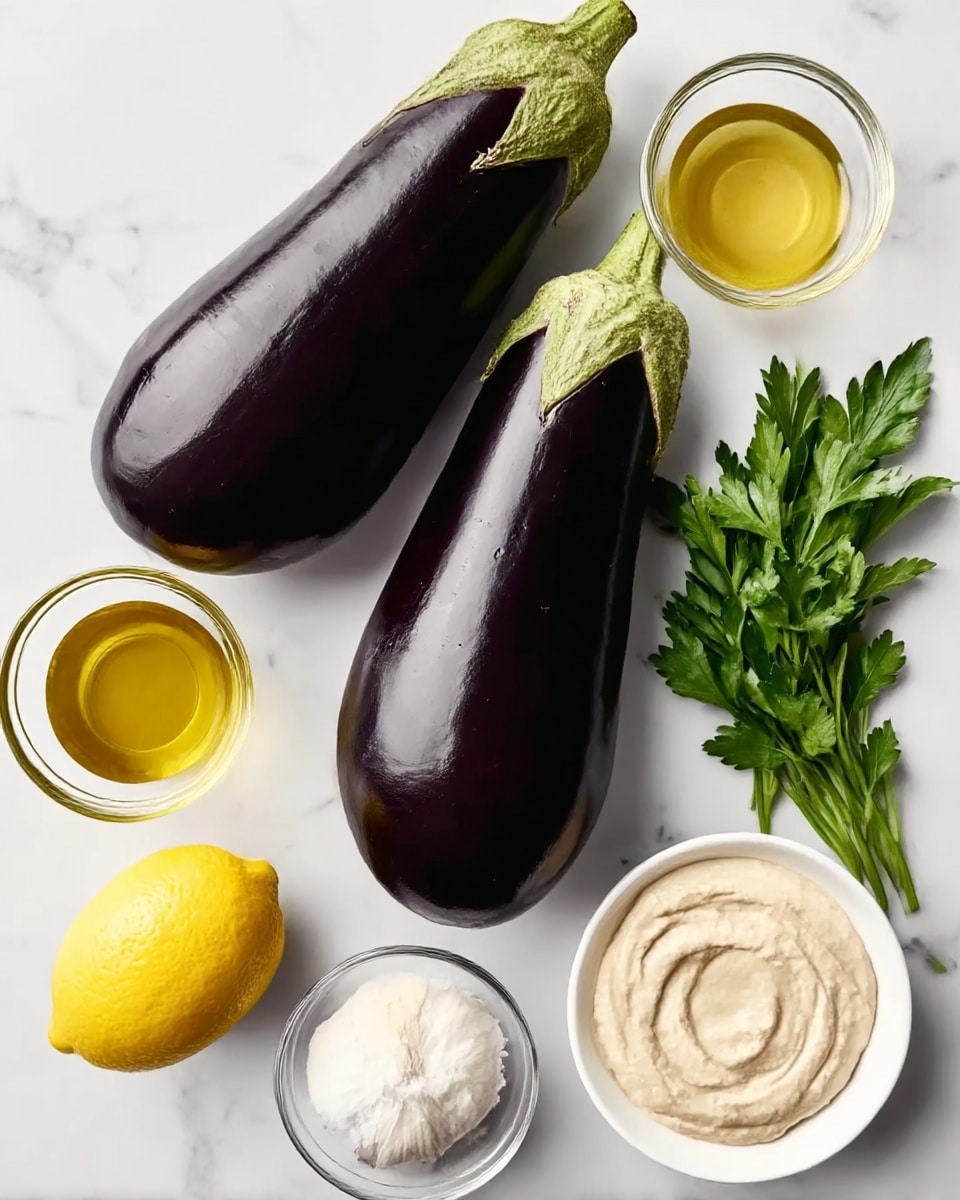 The image shows two large, shiny dark purple eggplants with green stems on a white marbled surface. Next to the eggplants is a clear small bowl with golden olive oil. There is a whole yellow lemon and a white bowl filled with thick, creamy light beige tahini. A white bowl with coarse white salt and some fresh green parsley leaves are placed nearby. Lastly, there is a whole white garlic bulb. The items are arranged neatly with the eggplants at the top left and the other ingredients surrounding them. Photo taken with an iphone --ar 4:5 --v 7