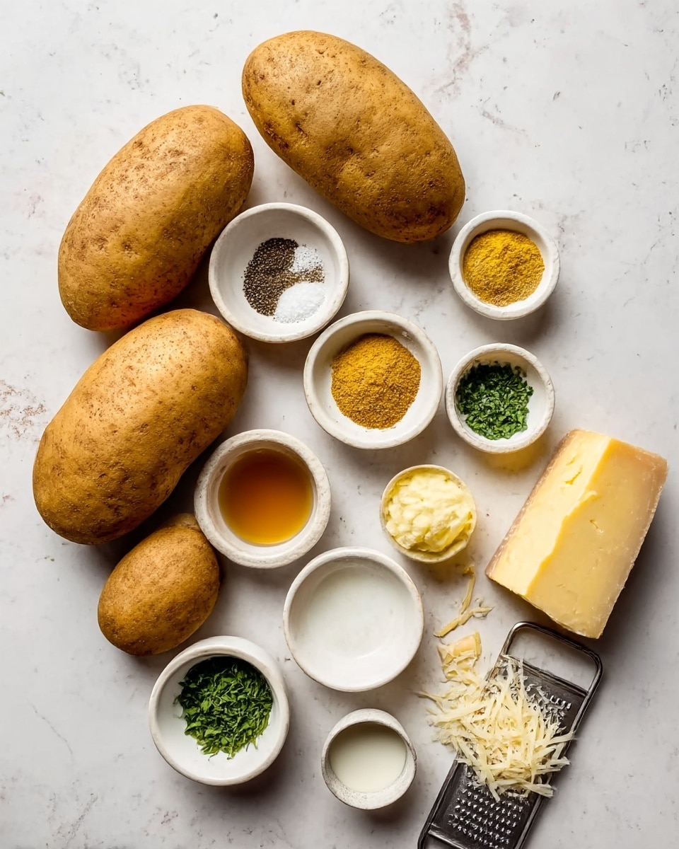 The image shows four whole brown potatoes with rough skin placed on a white marbled surface. Around the potatoes are six small white bowls containing various ingredients: one bowl holds ground black pepper and salt, another has a golden spice powder, a third contains finely chopped green herbs, a fourth has a light amber liquid, a fifth holds a white creamy liquid, and the last has grated pale yellow cheese next to a whole piece of Parmesan cheese with a metal grater beside it. The setup is neat and the colors are natural with the neutral tones of the potatoes and ingredients standing out against the light background photo taken with an iphone --ar 4:5 --v 7