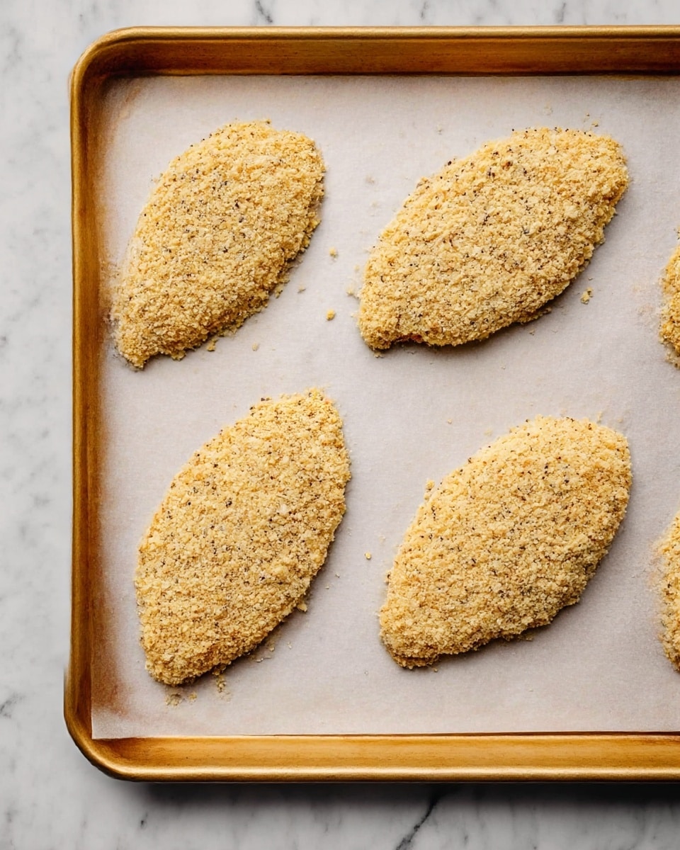A baking tray with four flat, oval-shaped pieces of food covered in a light, crumbly coating that is pale yellow with small black specks. The pieces rest evenly spaced on a white parchment paper lining the tray. The tray has a golden-brown metal edge and sits on a white marbled surface. The crumb coating looks coarse and uneven, giving a rough texture. Photo taken with an iphone --ar 4:5 --v 7