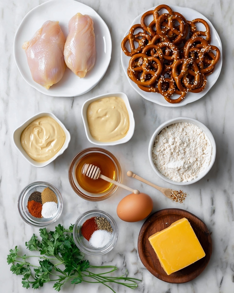 The image shows several ingredients placed on a white marbled surface. At the top left is a white plate with two raw chicken pieces, pale pink and smooth in texture. To the right are two small white square bowls, one with a creamy pale yellow sauce and the other with a light brown mustard sauce. Near the center is a white bowl full of glossy brown pretzels with salt grains on them, some scattered around the bowl. Below the pretzels, there is a small wooden plate holding a cube of bright yellow butter. A whole brown egg is placed near the center left. Below the egg is a small round wooden bowl with different spices arranged in sections, showing colors like red, white, beige, and black. To its left is a small glass bowl with a reddish spice powder. At the bottom left is a white bowl holding amber-colored honey with a wooden honey dipper resting inside. Fresh green parsley sprigs lie beside the honey. Near the bottom center, there is a small glass bowl filled with white flour, and to its right is a small clear glass of water. photo taken with an iphone --ar 4:5 --v 7
