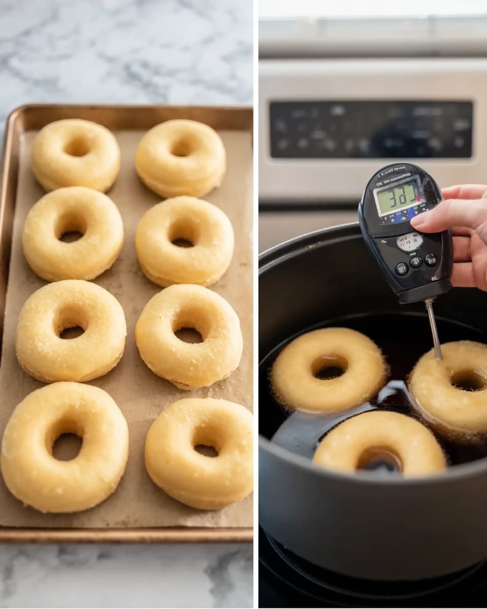 The image shows two side-by-side photos of doughnuts in the process of being made. On the left, there are eight light golden doughnuts with smooth surfaces arranged neatly on a baking tray lined with parchment paper, set on a white marbled surface. They are round with a hole in the middle, slightly puffy and soft in texture. On the right, three doughnuts float in a dark pot filled with hot water, the doughnuts have turned a light beige color and look smooth and soft. A woman's hand holds a black thermometer checking the temperature at 346 degrees on the display. The background is blurred but shows a white marbled kitchen counter. Photo taken with an iphone --ar 4:5 --v 7