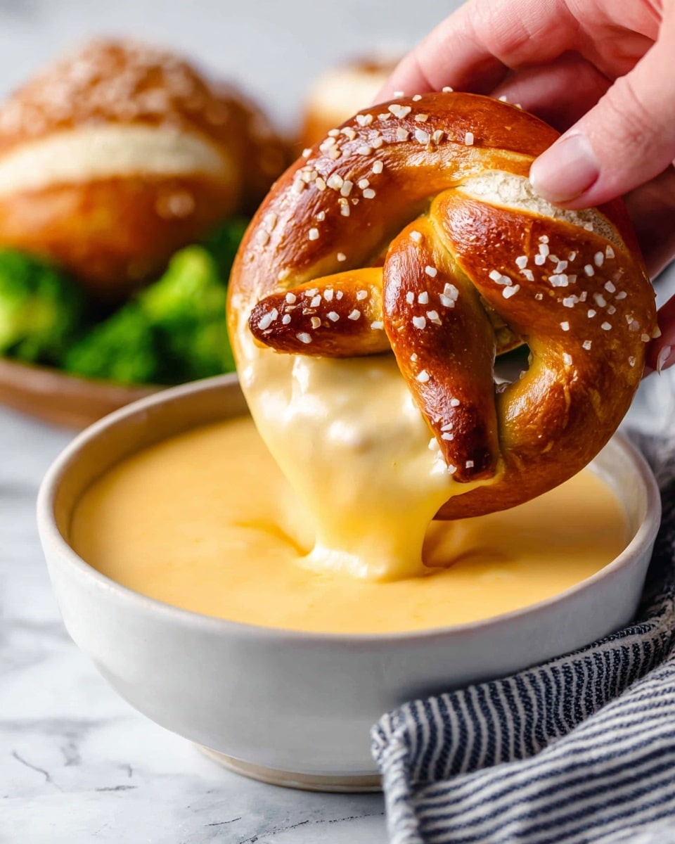 A close-up image of a soft pretzel dipped into a bowl of melted cheese sauce. The pretzel is golden brown with a shiny surface sprinkled with coarse salt. The cheese sauce is thick and creamy, flowing smoothly from the pretzel into a white bowl below. A woman's hand is holding the pretzel above the bowl, with part of the pretzel already covered in the cheese sauce. The background features a white marbled texture, with another small pretzel and some green broccoli blurred out. A striped cloth napkin lies near the bottom right corner. Photo taken with an iphone --ar 4:5 --v 7