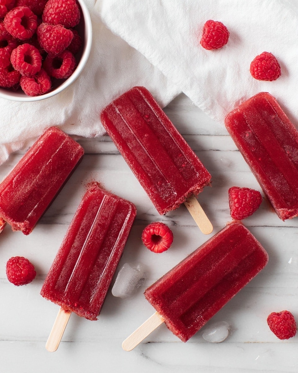 The image shows six red popsicles with wooden sticks placed on a white marbled surface. The popsicles have a slightly frosty texture with some visible raspberry seeds and bits inside. Around the popsicles, there are scattered fresh raspberries adding a bright red contrast. A white bowl filled with fresh raspberries is placed in the upper left corner on a white cloth. The overall scene is bright and fresh, highlighting the deep red color of the popsicles and raspberries. photo taken with an iphone --ar 4:5 --v 7