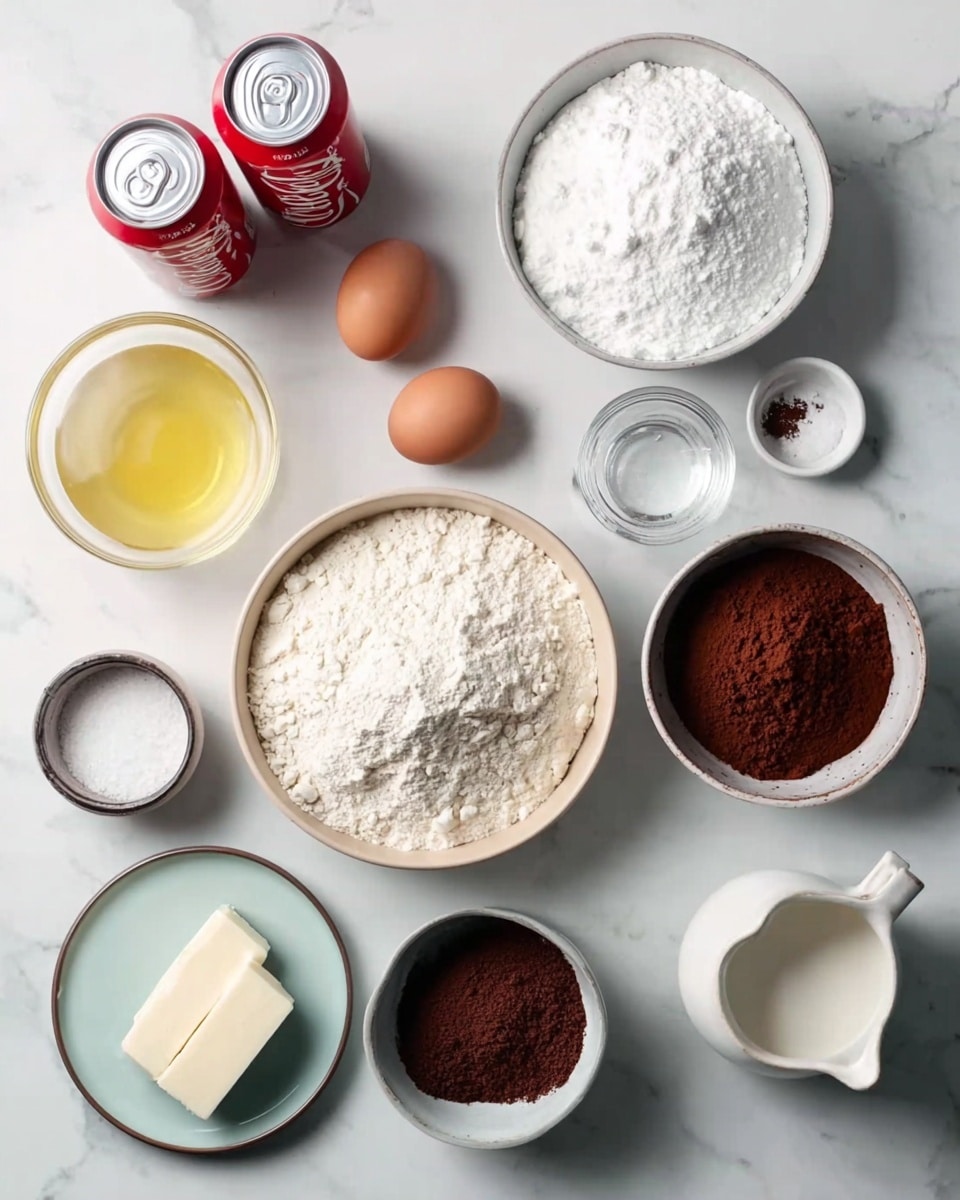 A top view of different ingredients for baking placed neatly on a white marbled surface. There are two cans of red soda at the top left, a white bowl with two brown eggs beneath them, and a small clear glass next to it. A large white bowl filled with white powdered sugar sits near the top right, with a small bowl of salt near it. A bowl of light yellow oil is on the left side, next to a large white bowl with white flour. In the center is a beige bowl filled with white sugar. Below the sugar bowl, a small gray bowl holds brown cocoa powder. A white jug with cream is placed to the right of the cocoa powder, and a small white plate with a stick of butter is at the bottom left. Another small bowl with darker cocoa powder is placed near the right bottom. Photo taken with an iphone --ar 4:5 --v 7
