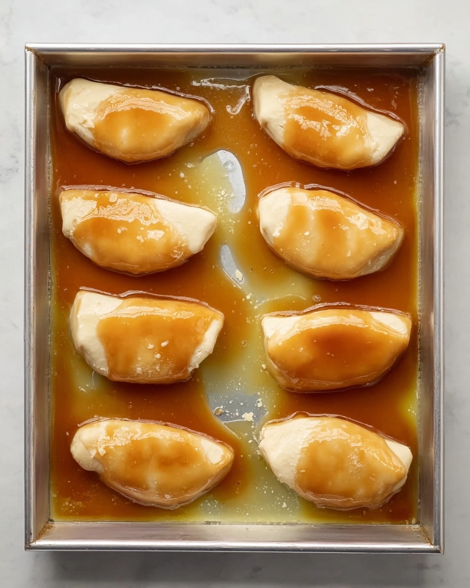 A metal rectangular baking pan holds eight dough pieces arranged in a loose grid with some open space between them. Each dough piece is crescent-shaped, pale cream in color, and covered with a shiny, light brown syrup or sauce that pools around their base. The sauce has a smooth, glossy texture with a few bubbles and drips slightly over the edges of each dough piece, creating a sticky appearance. The pan is on a white marbled surface, and the light reflects softly off the liquid and dough, emphasizing the contrast between the pale dough and warm syrup. photo taken with an iphone --ar 4:5 --v 7