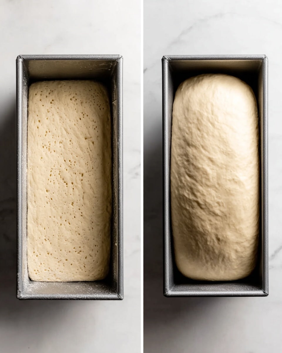 The image shows a single tall loaf of dough rising inside a gray metal bread pan on a white marbled surface. On the left side, the dough is viewed from above, showing its smooth, pale beige surface with small air bubbles, tightly filling the inside of the pan. On the right side, a close side view shows the dough puffing up, filling the pan and slightly rounded at the top, with soft, slightly textured dough peeking above the pan's edge. The background is white marbled, creating a clean, bright look. photo taken with an iphone --ar 4:5 --v 7