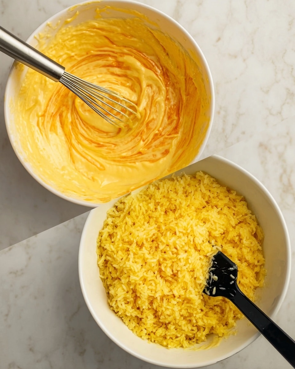 The image shows two white bowls on a white marbled surface. The first bowl contains a thick, creamy yellow sauce with orange-red streaks, mixed with a metal whisk resting inside. The sauce has a smooth, slightly swirled texture. The second bowl holds fluffy yellow rice with separate grains, alongside a black spatula partially inserted into the rice. The rice has a bright, warm color and slightly fluffy texture. Photo taken with an iphone --ar 4:5 --v 7