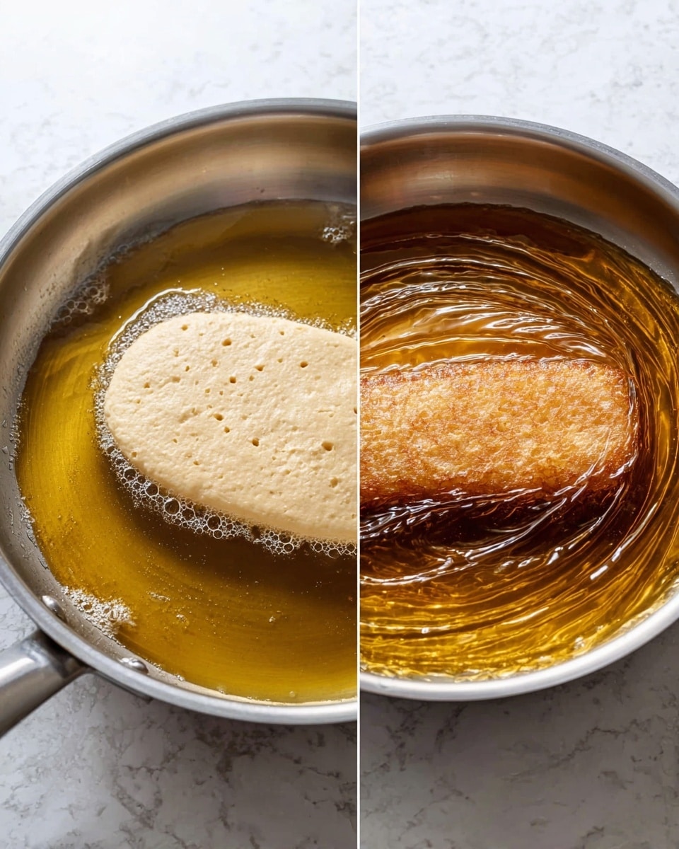 The image shows a shiny silver frying pan filled with golden oil. In the oil, there is a single piece of dough being fried. In the left part of the image, the dough is pale with small bubbles and slightly puffed up, floating near the edge of the pan. In the right part of the image, the same dough is turned over, showing a golden brown crispy surface while the oil ripples gently around it. The background is a white marbled texture. photo taken with an iphone --ar 4:5 --v 7
