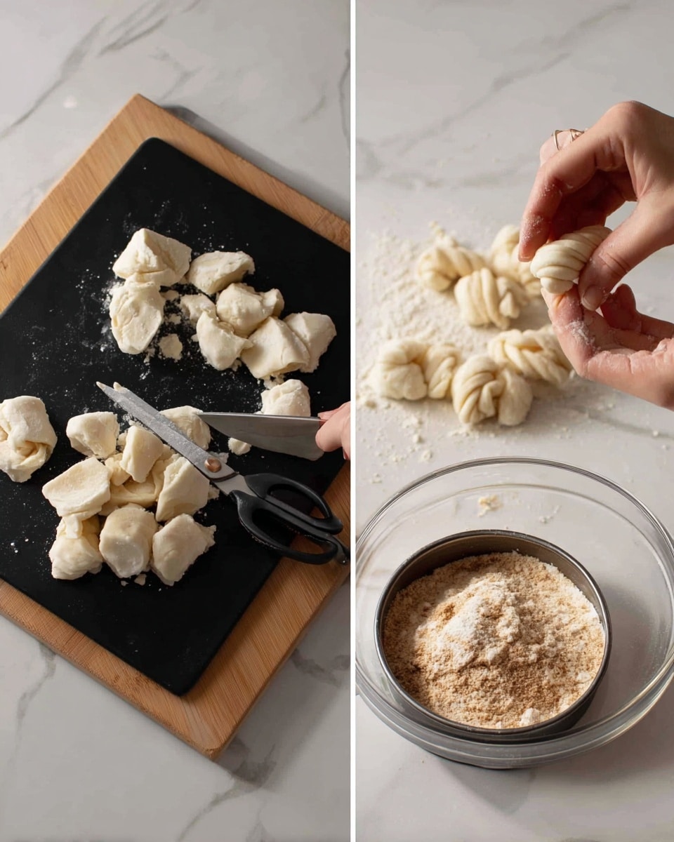 The left image shows a woman's hand holding scissors to cut soft, white dough pieces on a black cutting board placed on a white marbled surface, with several dough pieces already cut and scattered on the board. The right image has a woman's hand dipping twisted dough pieces into a clear glass bowl filled with a light brown powder, and a round baking pan with some dough pieces coated in the powder next to the bowl, all on a white marbled surface photo taken with an iphone --ar 4:5 --v 7